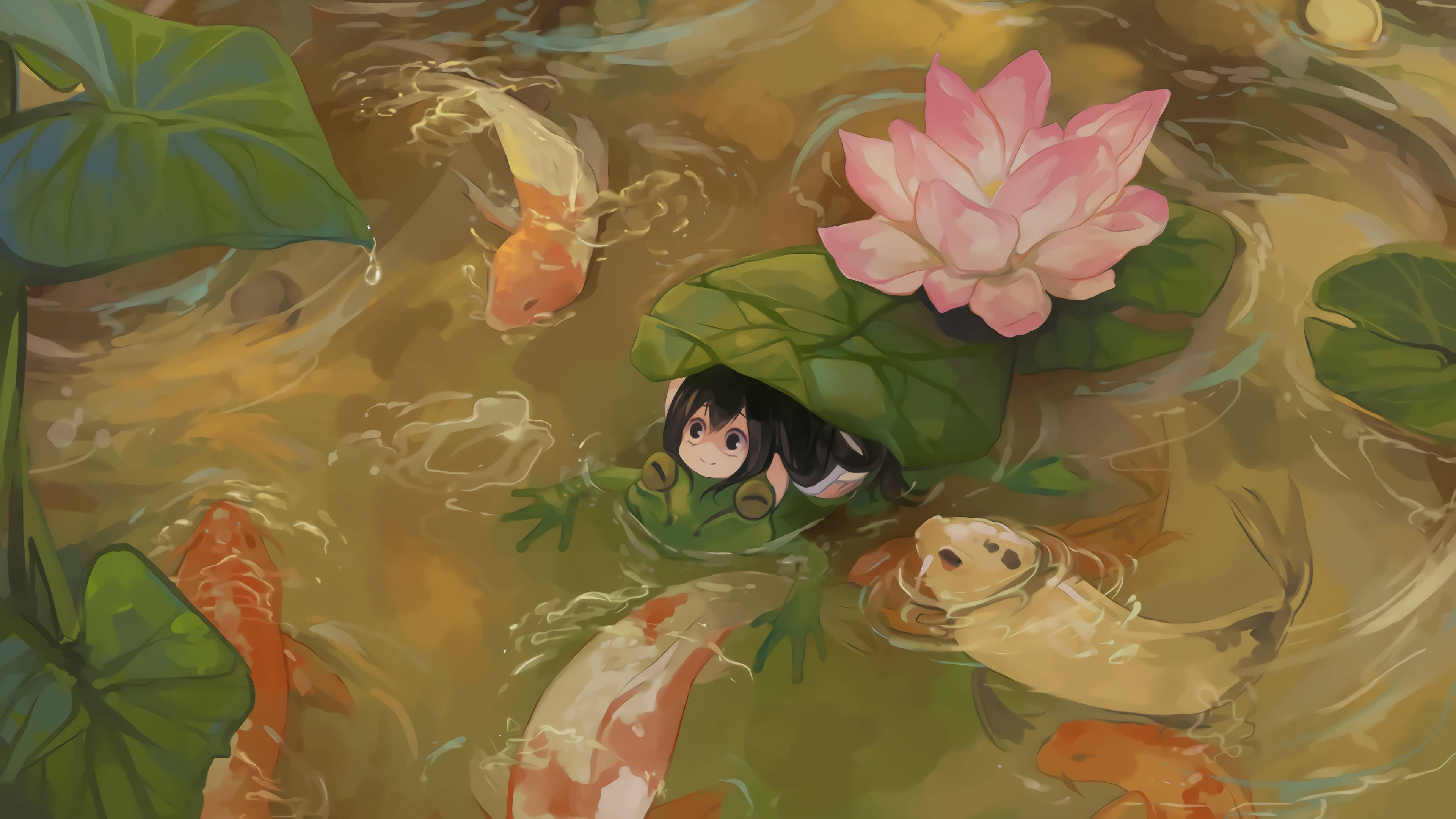 Froppy, koi pond, lily pad, 4K Desktop Wallpaper
