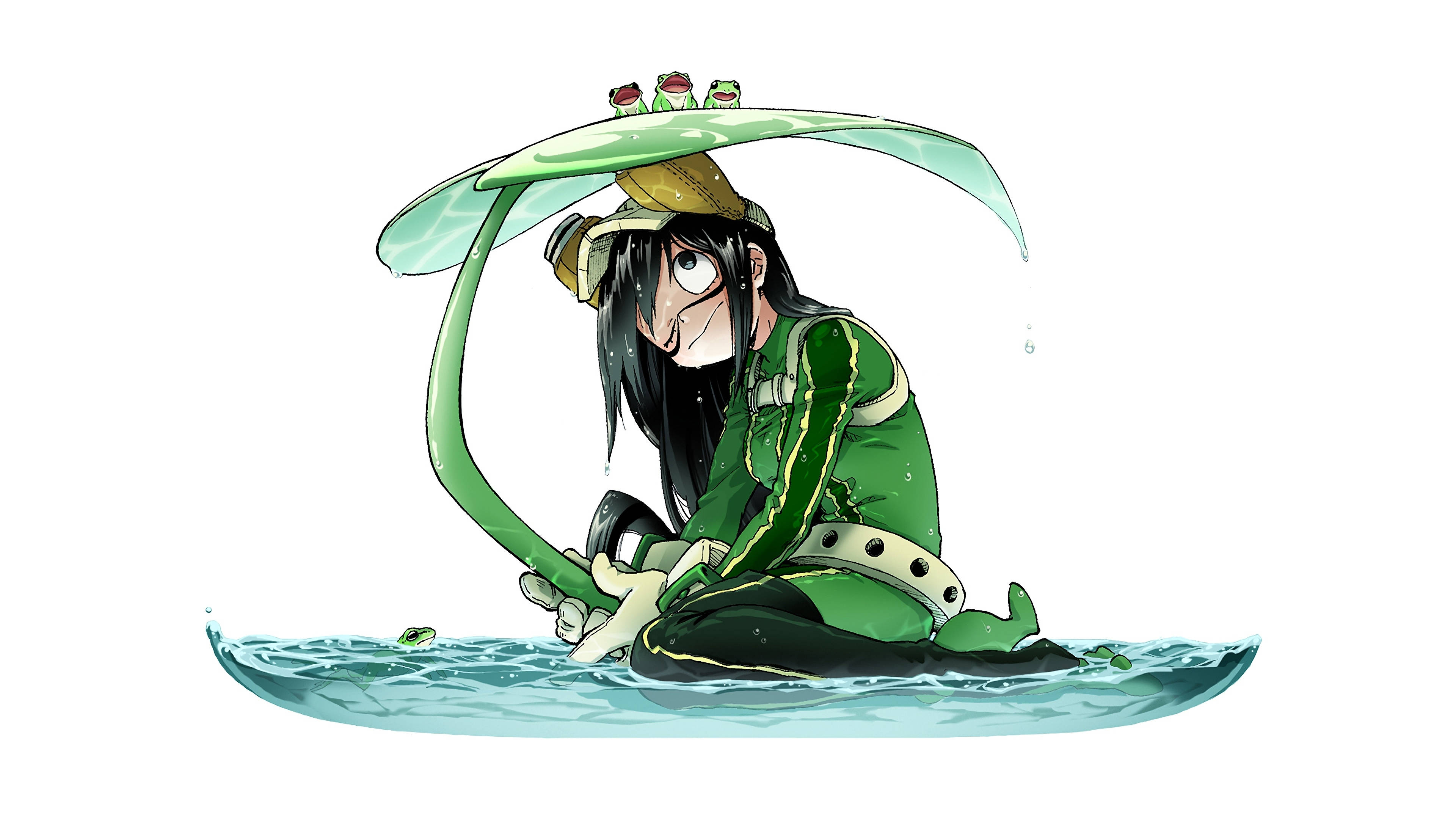 Froppy, green-clad anime girl, long black hair, 4K Desktop Wallpaper