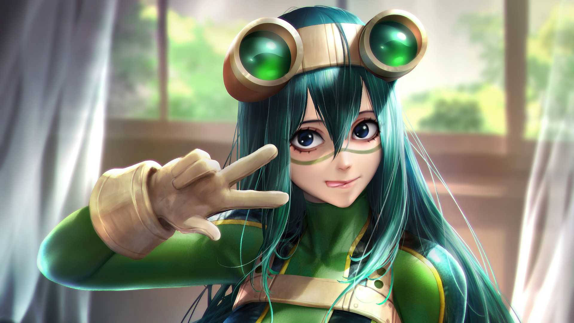 Froppy, teal hair, glowing green goggles, Full HD Desktop Wallpaper