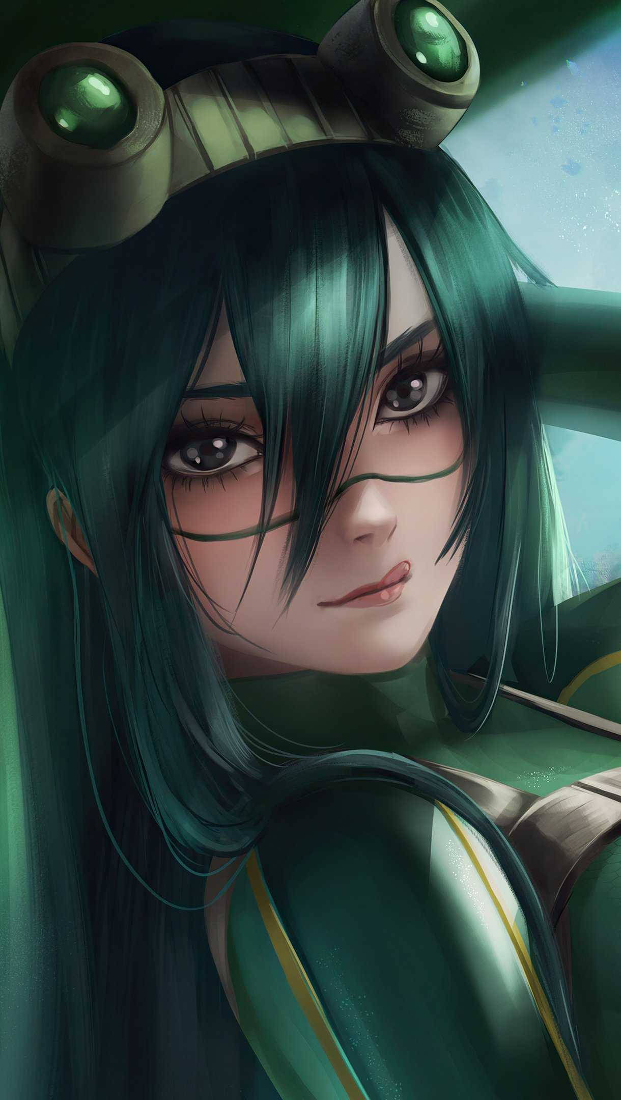 Froppy, green-haired anime girl, glowing goggles, Full HD Phone Wallpaper