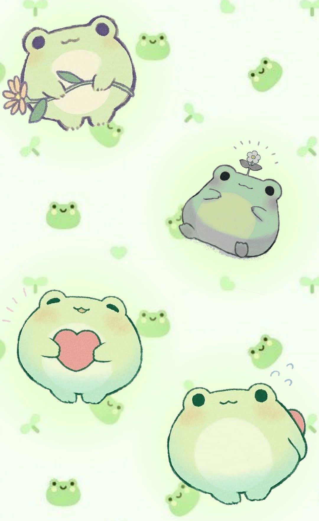 Adorable Frog Cartoon Collection, soft pastel greens, flowers, HD Phone Wallpaper