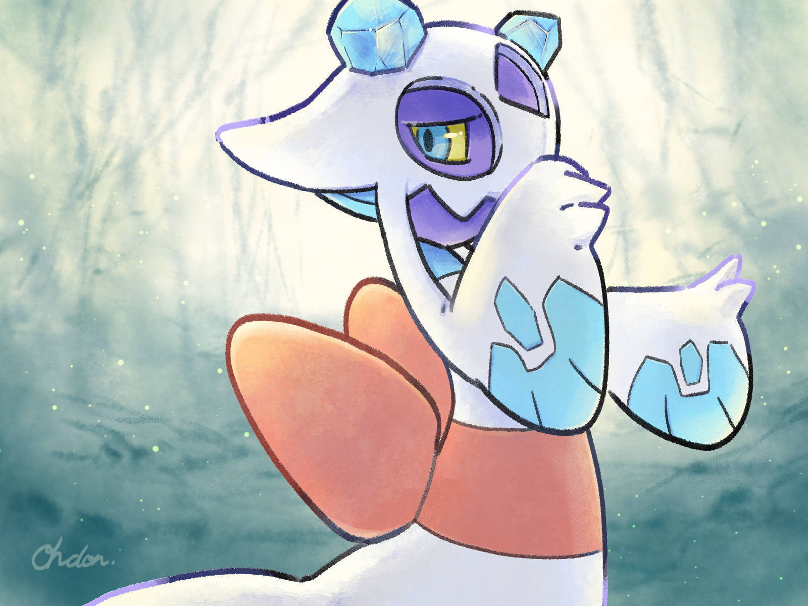 Froslass, blue gem-like markings, orange feet, HD Desktop Wallpaper