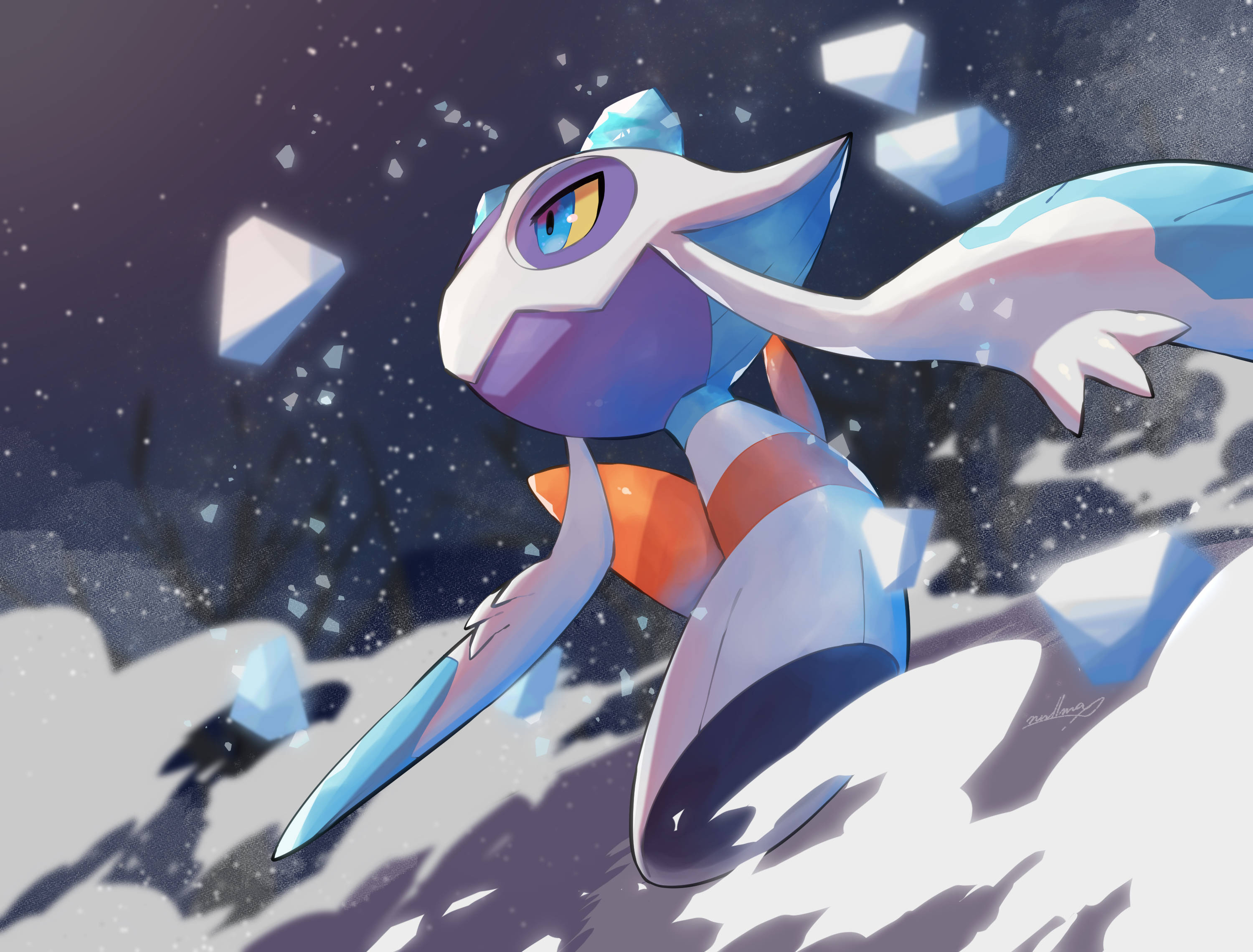 Froslass, starry night sky, floating crystal shards, 2K Desktop Wallpaper