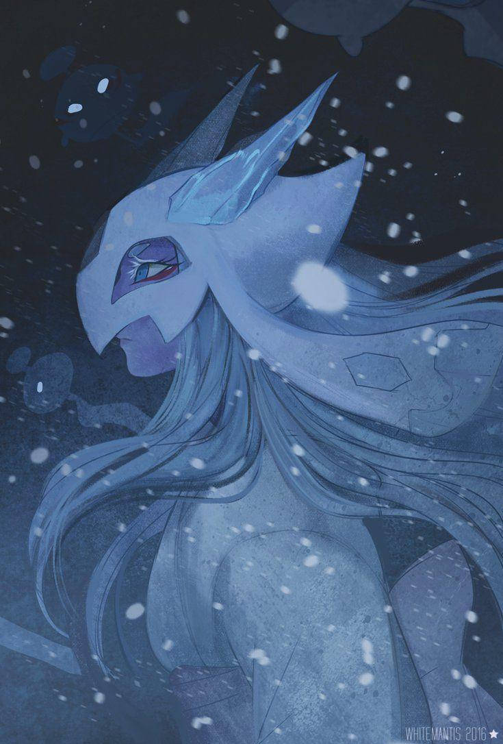 human Froslass, icy blue hair, crystalline horns, SD Phone Wallpaper