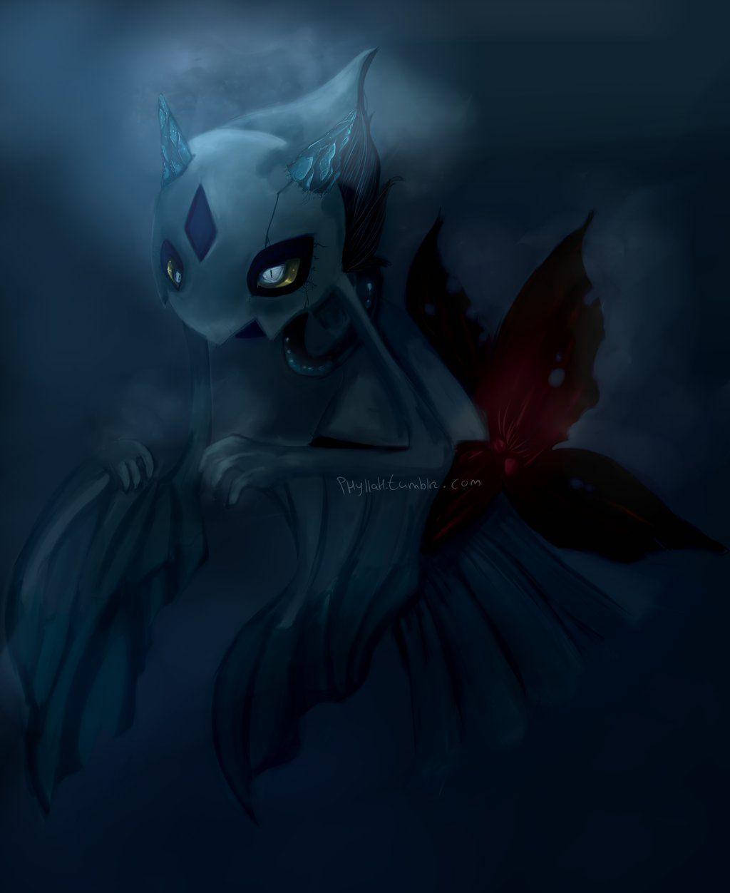 Froslass, ghostly blue cat-like creature, glowing yellow eyes, SD Phone Wallpaper