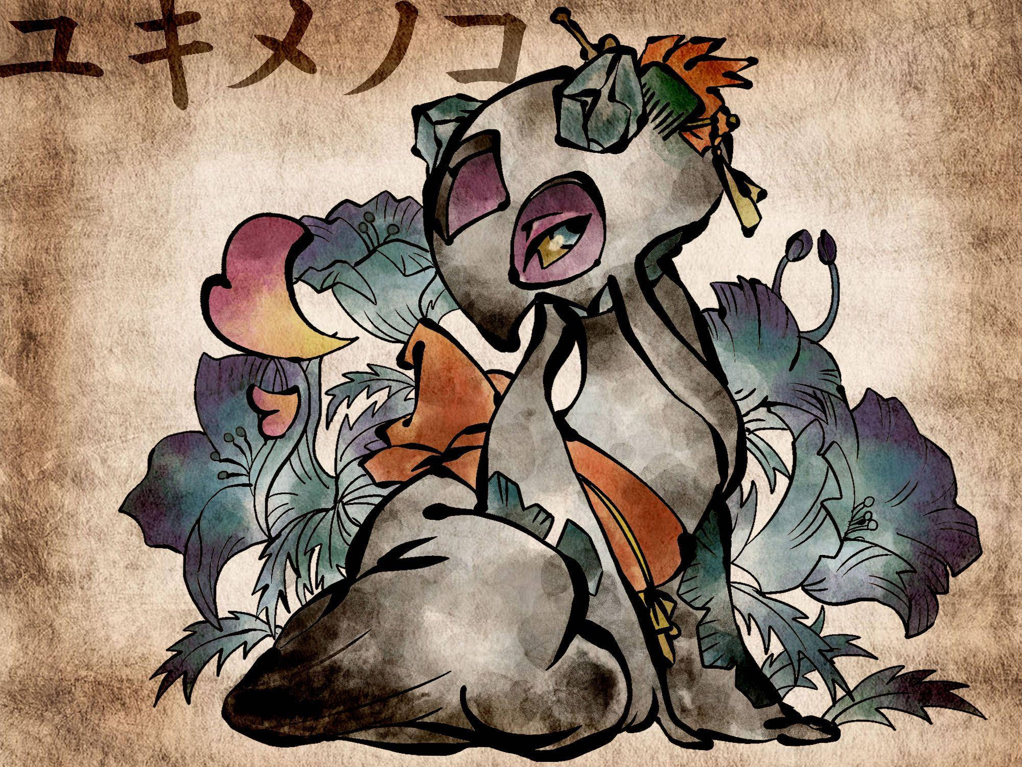 Froslass, Chinese text, vibrant purple and orange flowers, Full HD Desktop Wallpaper