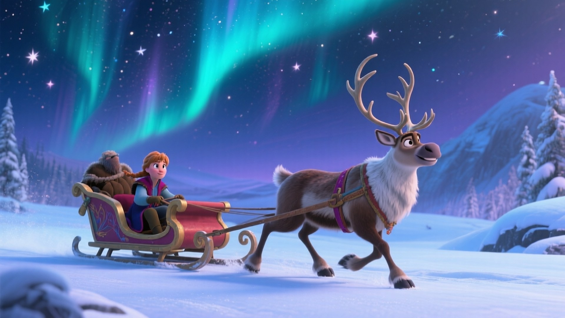 sleigh, reindeer, auroras, Full HD Desktop Wallpaper