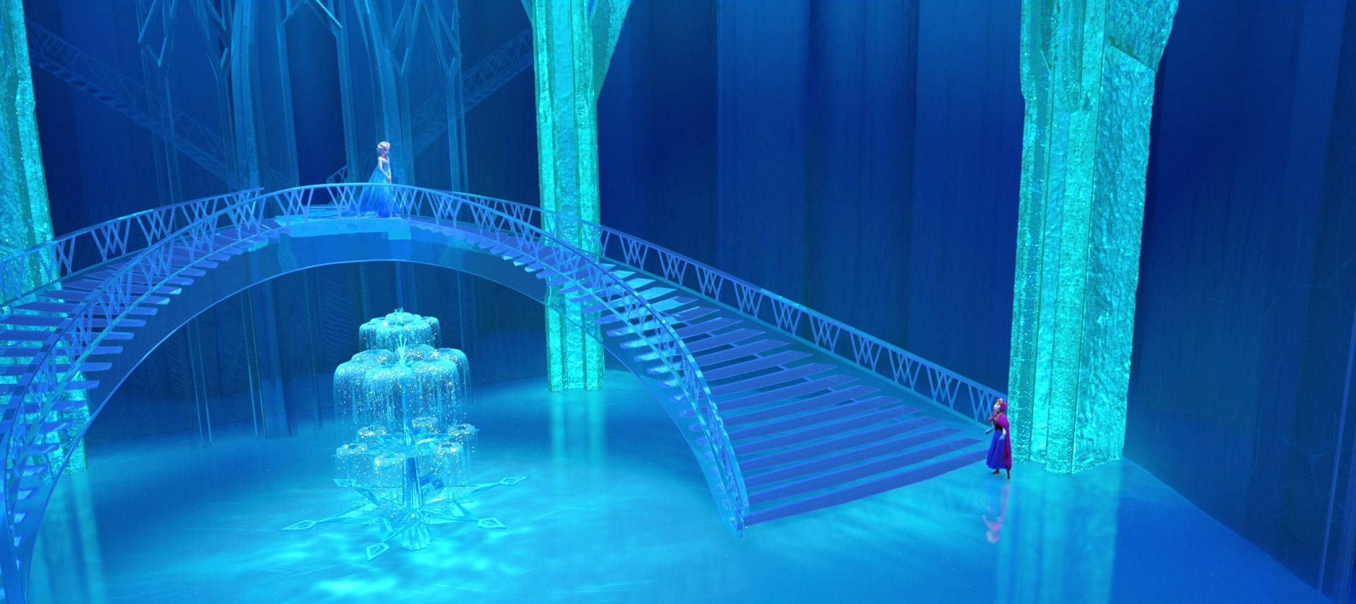Frozen Castle, icy throne room, glowing blue crystal pillars, Full HD Desktop Wallpaper