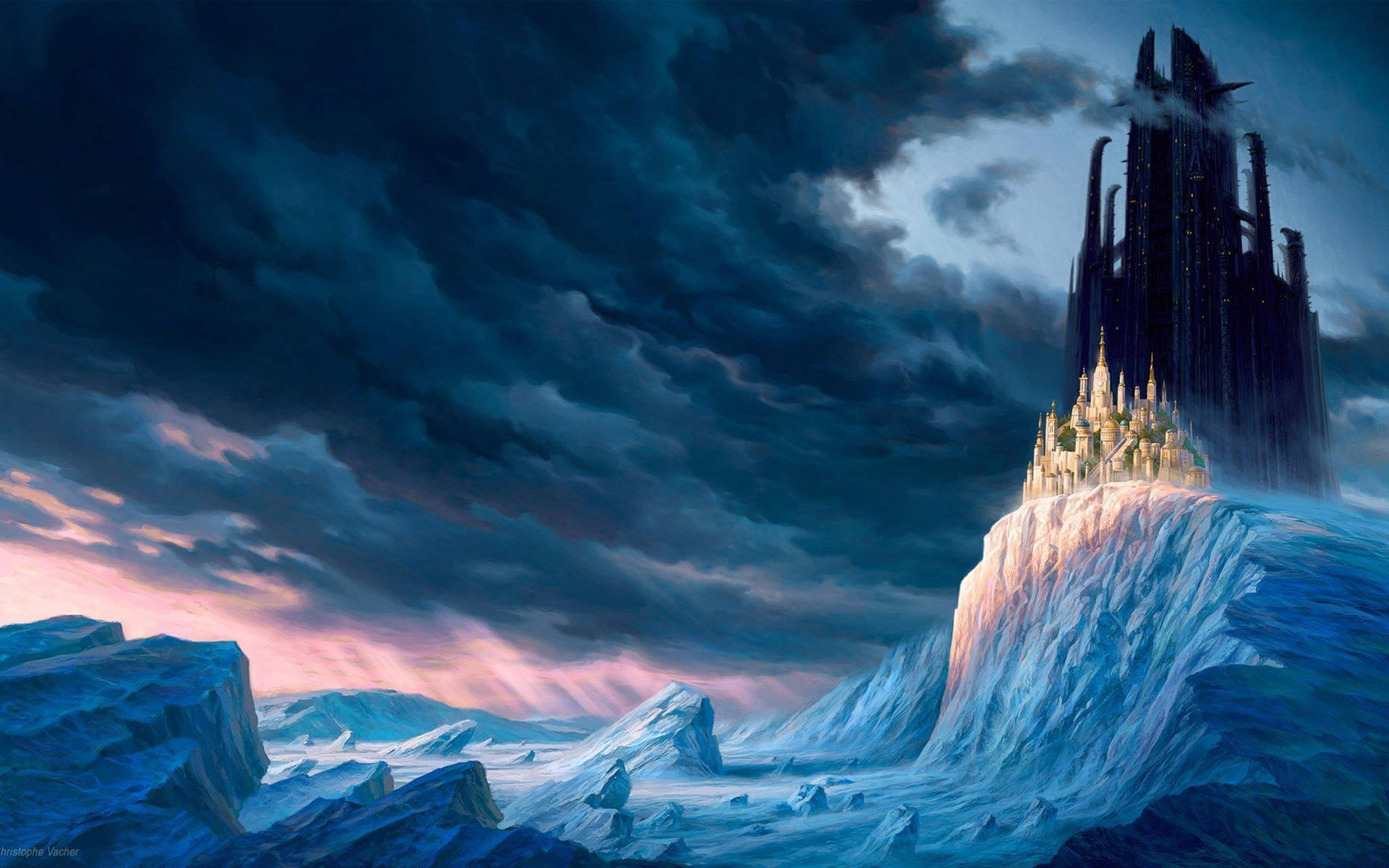 sci fi frozen castles, glowing castle, snowy cliff, Full HD Desktop Wallpaper