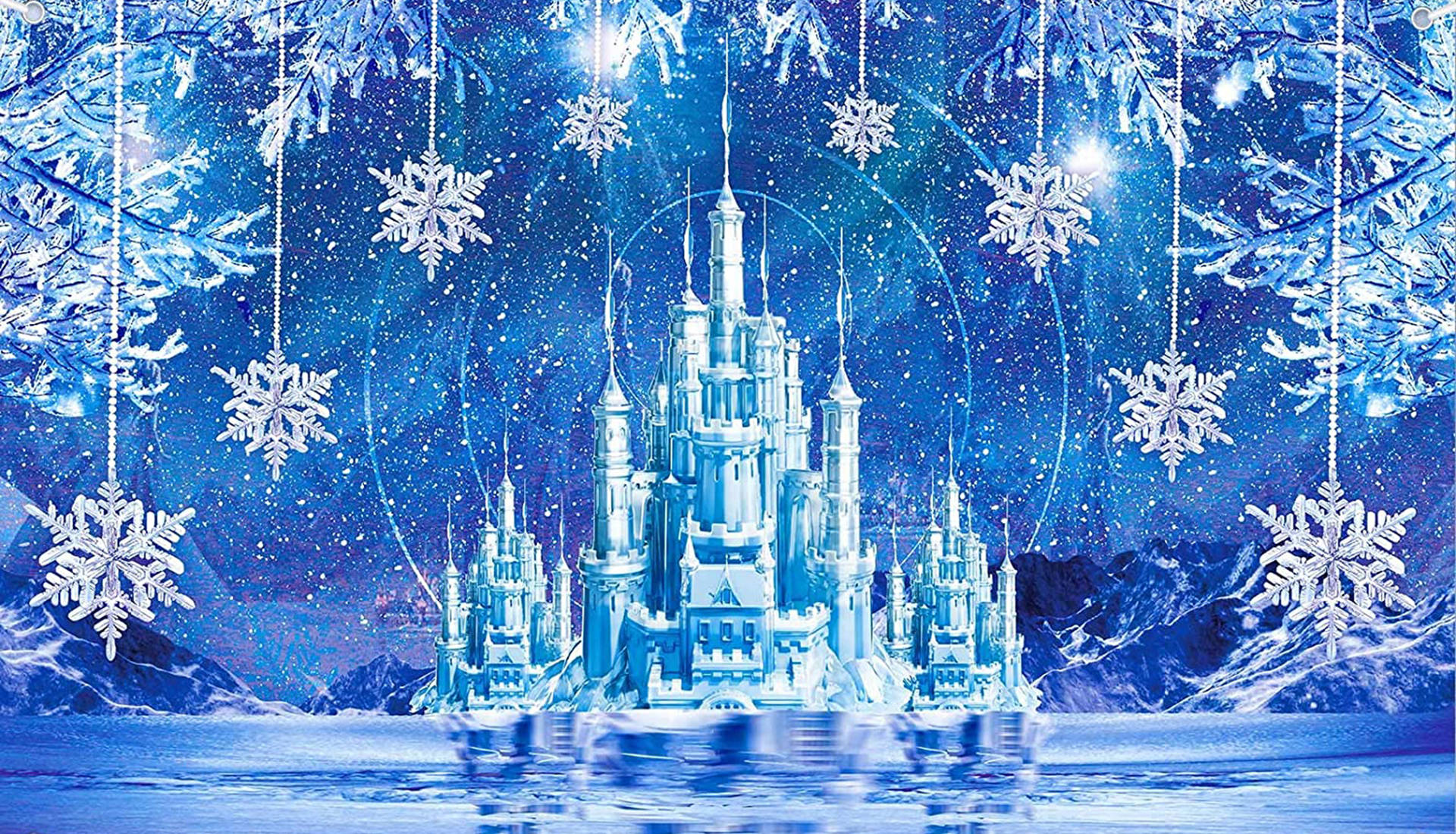 Frozen Castle, starry winter sky, hanging snowflakes, Full HD Desktop Wallpaper