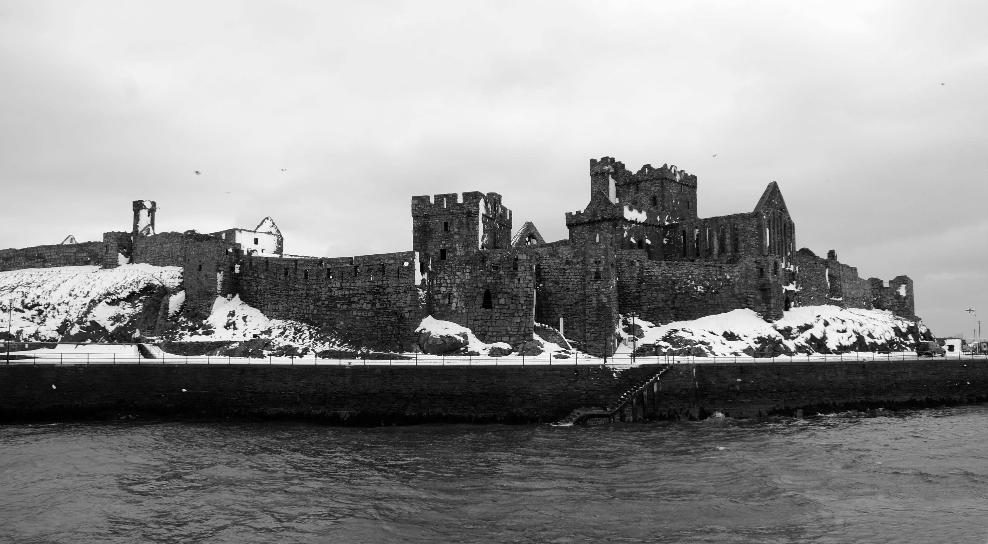Frozen Castle, ancient stone castle ruins, snow-dusted, 4K Desktop Wallpaper