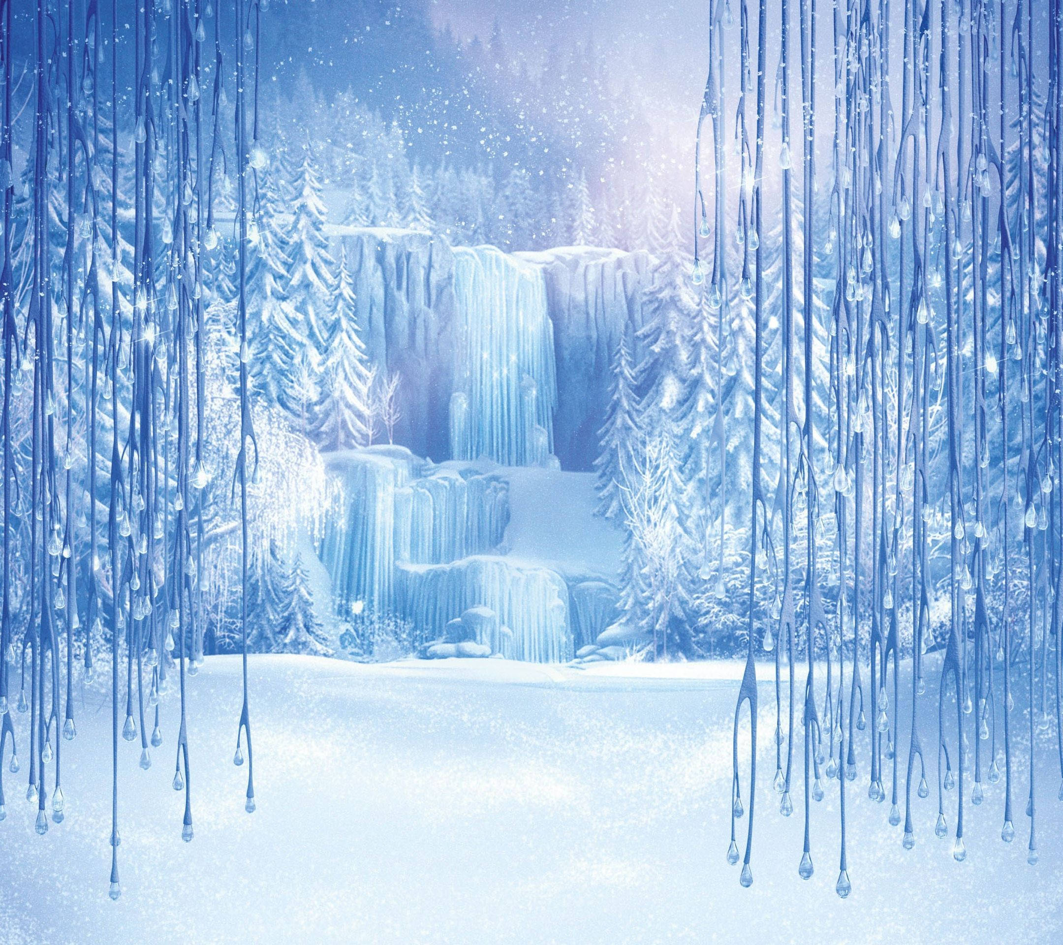 Frozen Castle, Ice Waterfall, snowy forest, Full HD Desktop Wallpaper