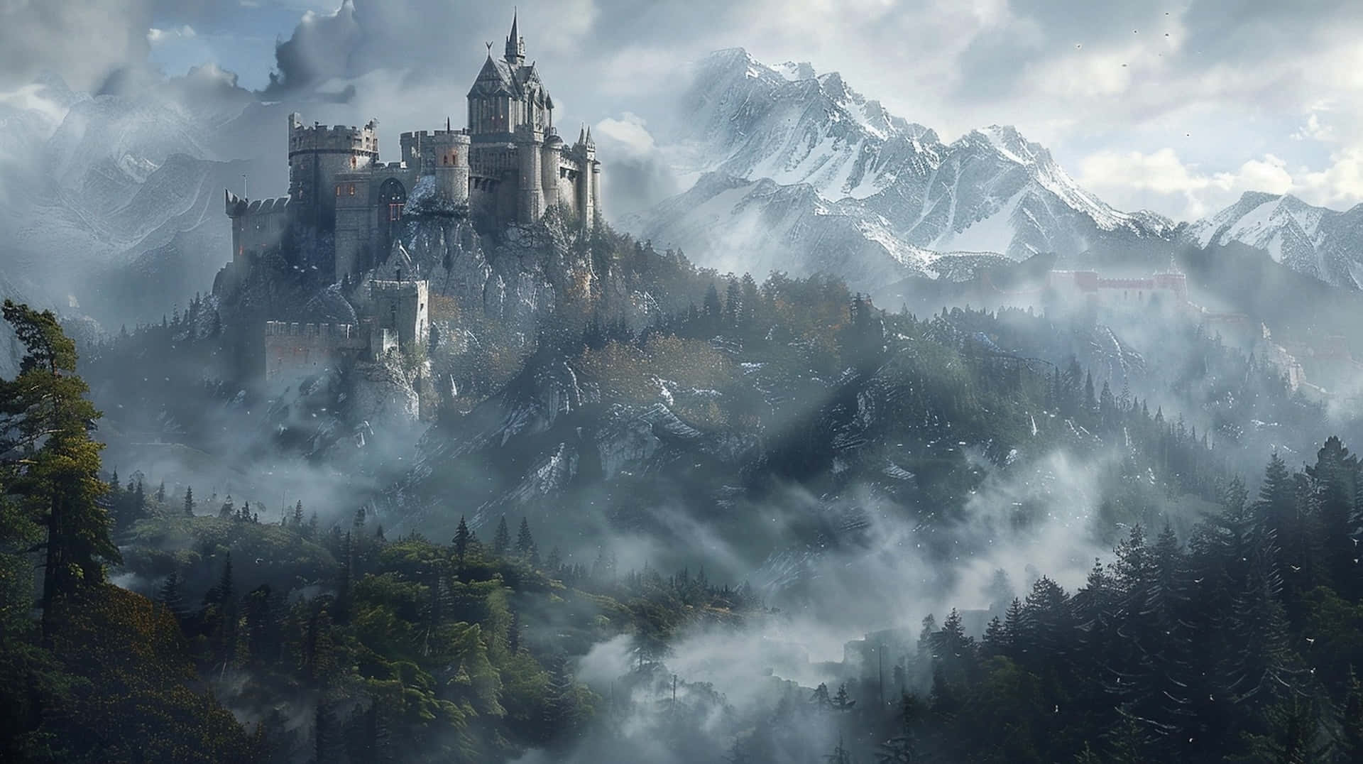 Misty Mountain Castle, medieval castle, misty mountain peak, Full HD Desktop Wallpaper