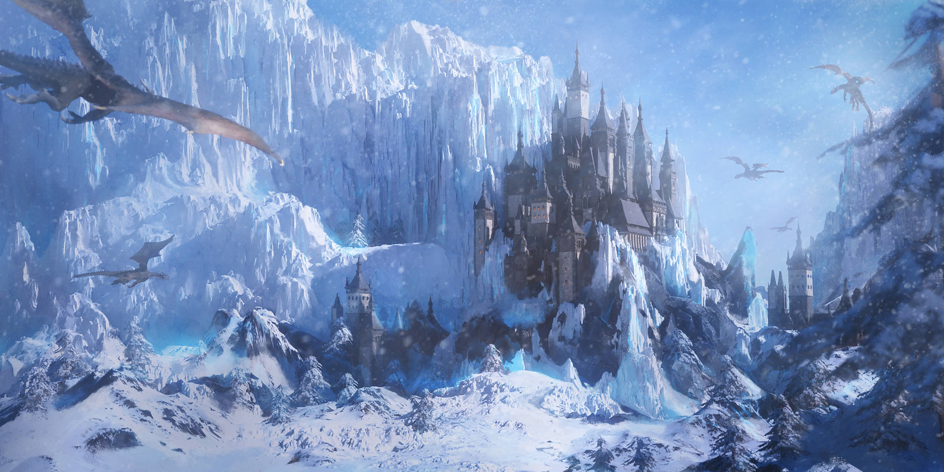 Frozen Castle, dragons, icy castle, 2K Desktop Wallpaper