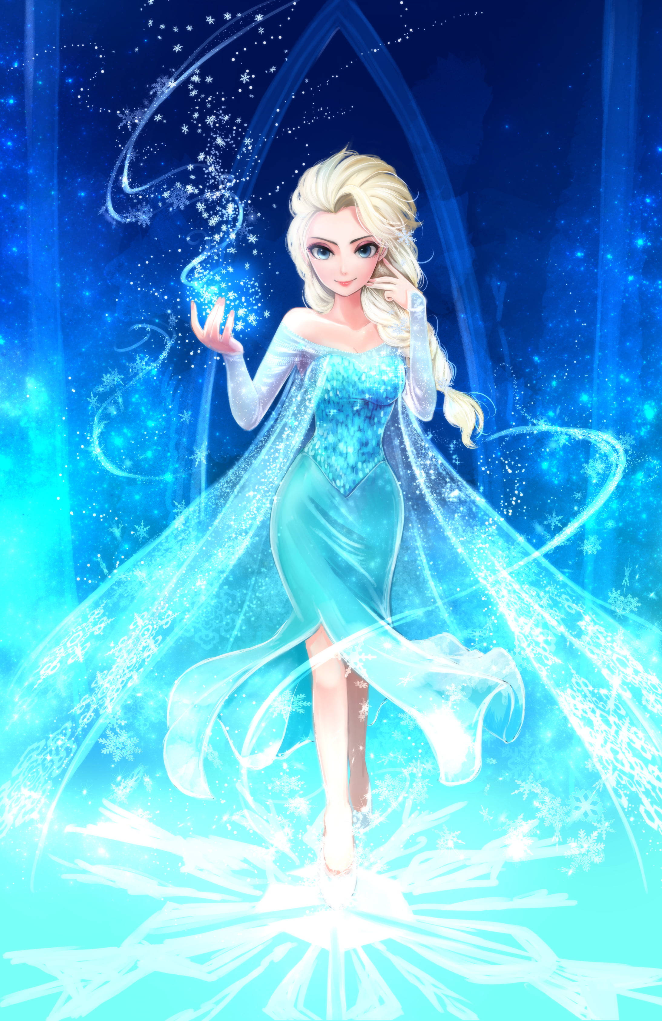 Frozen Elsa, anime throne, shimmering blue gown, 2K Phone Wallpaper