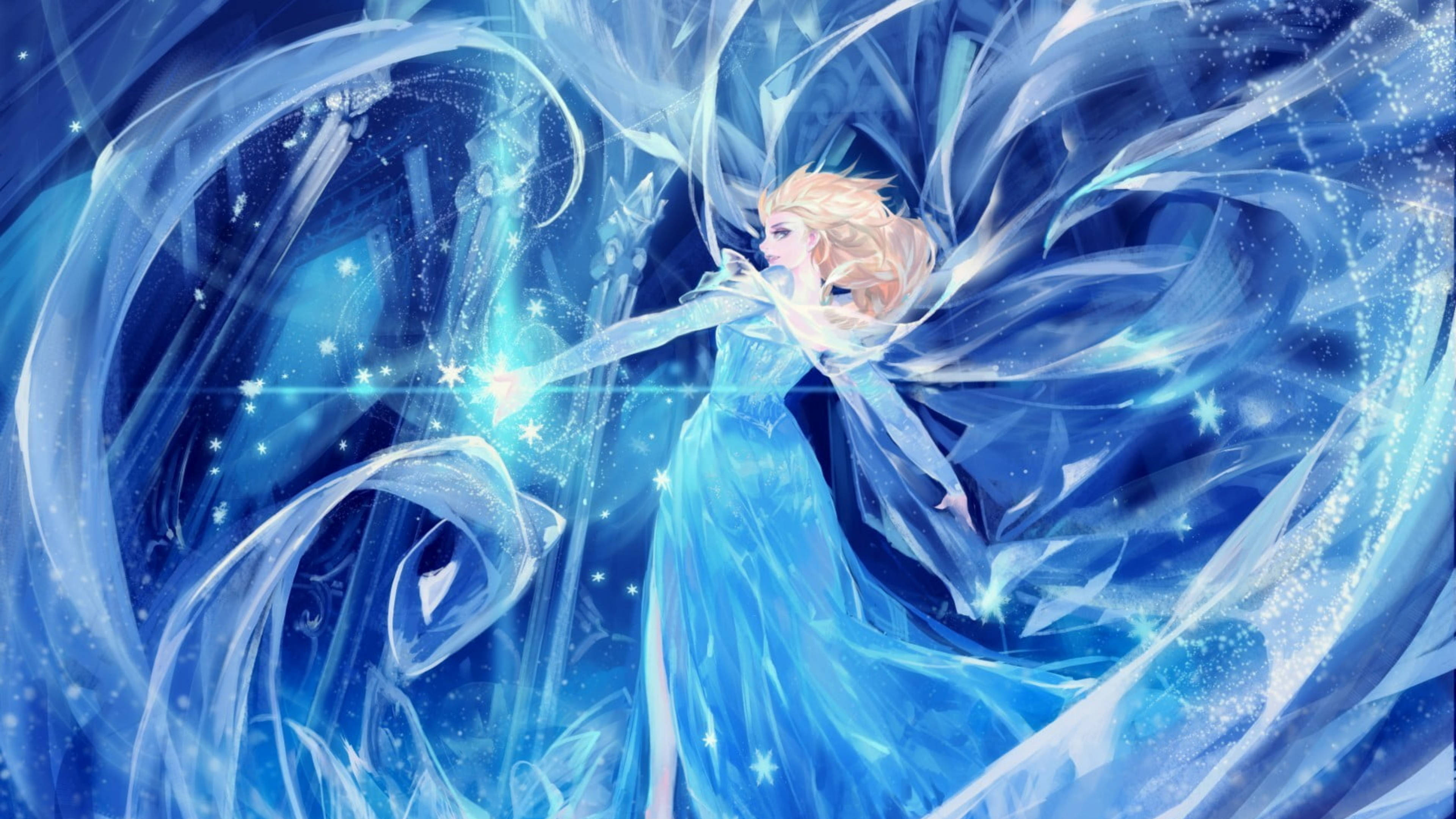 Frozen Elsa, anime style, blue gown, 4K Desktop Wallpaper