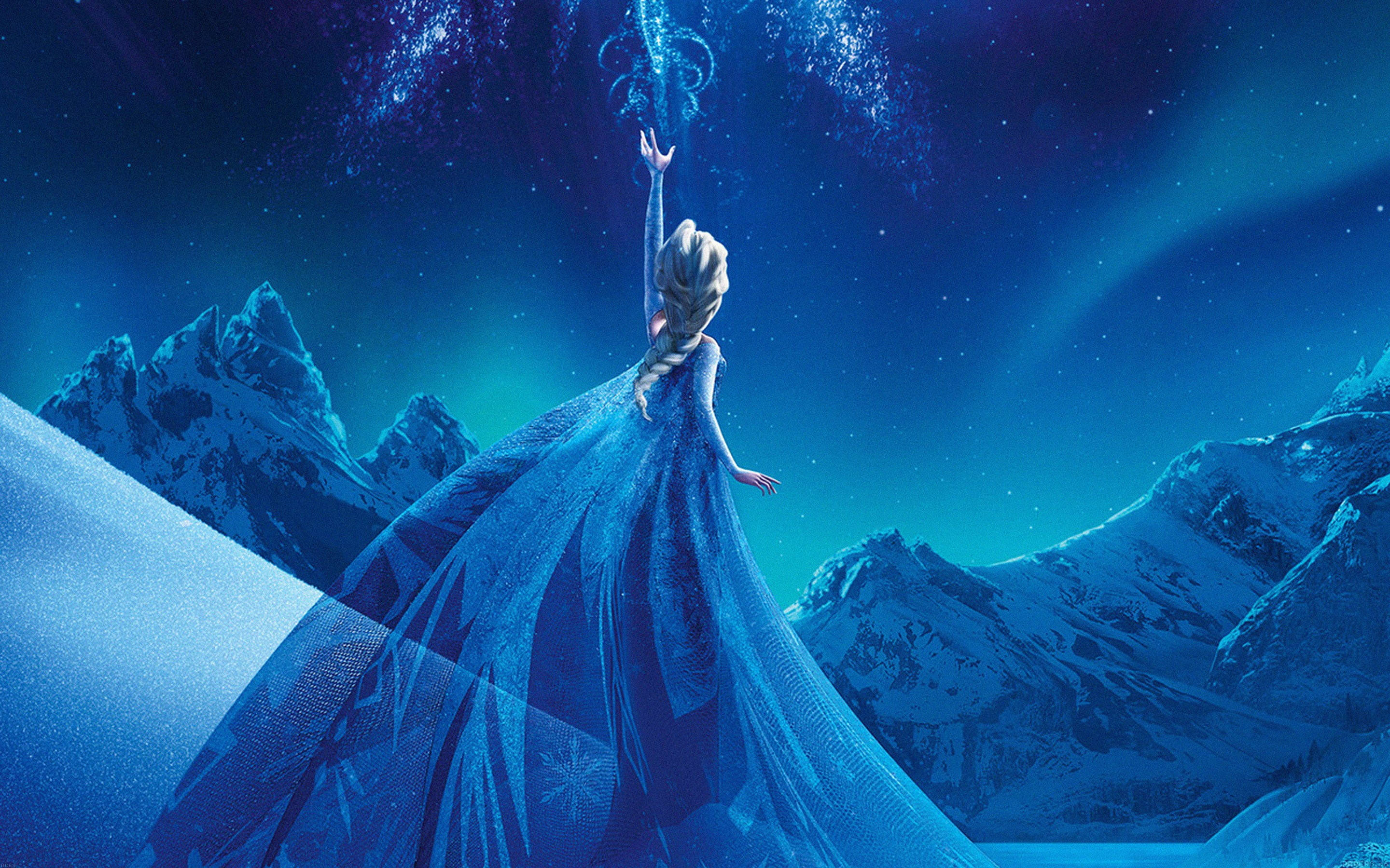 Frozen Elsa, snowy mountain peak, flowing blue gown, 2K Desktop Wallpaper