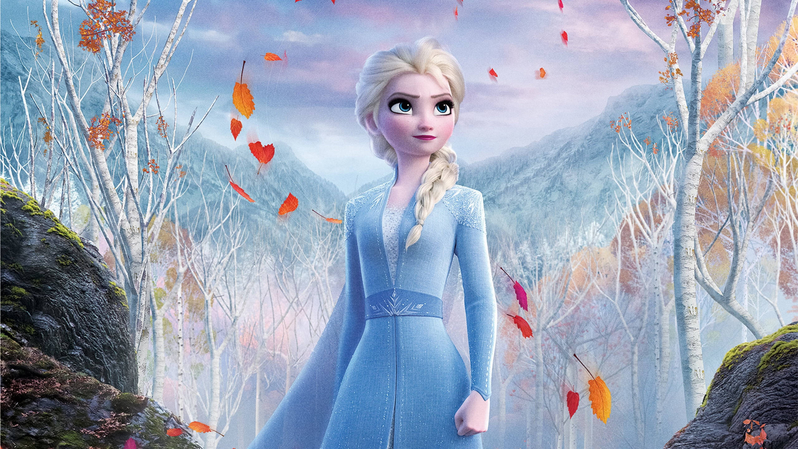 Frozen Elsa, autumn forest, falling orange leaves, 2K Desktop Wallpaper