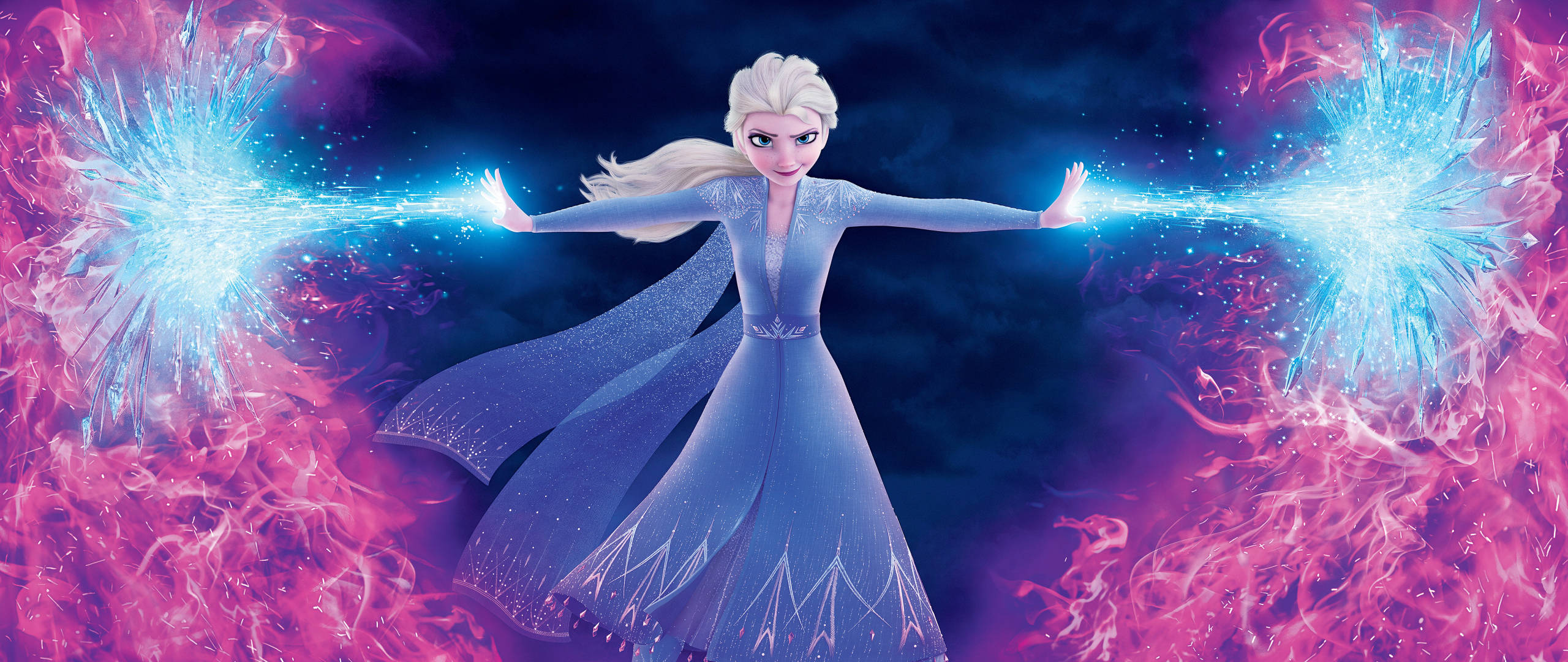 Frozen Elsa, blue ice magic, pink and purple cosmic backdrop, 2K Desktop Wallpaper