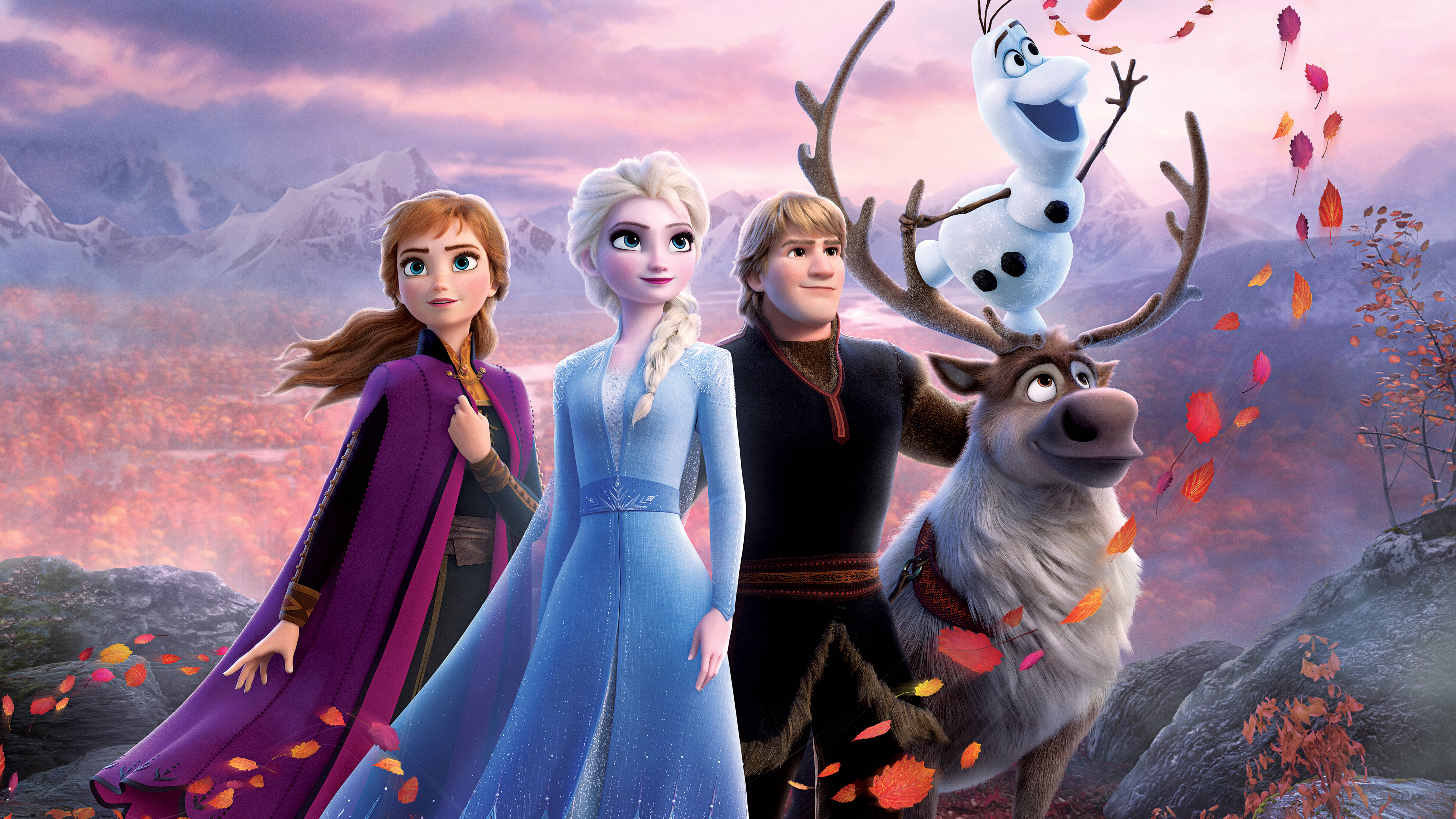 Frozen Elsa, autumnal mountains, leaves swirl, 5K Desktop Wallpaper
