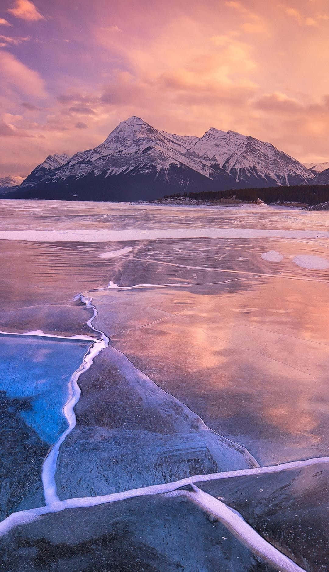 Frozen Lake, pink and orange sunset, snow-capped mountains, HD Phone Wallpaper