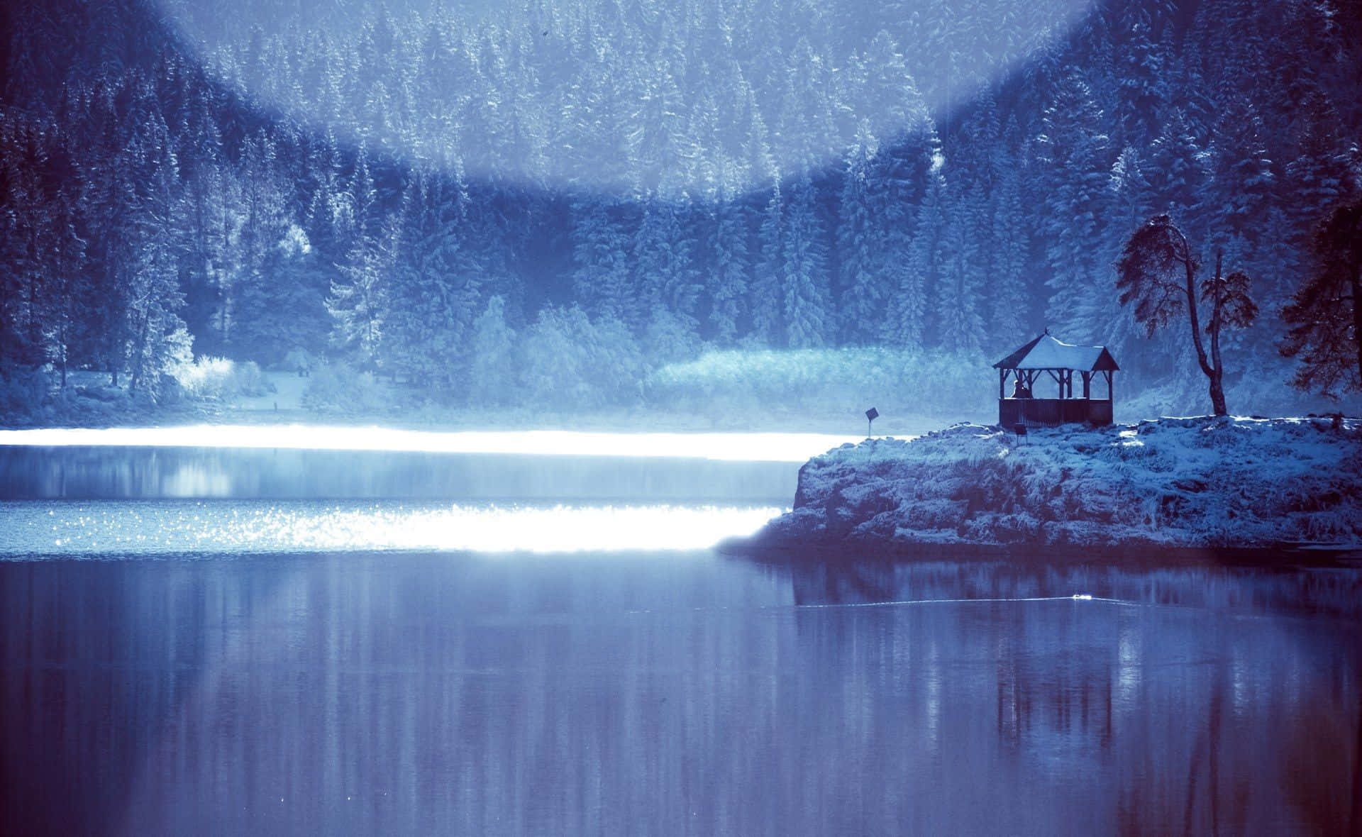 Frozen Lake, snowy forest, lone wooden gazebo, Full HD Desktop Wallpaper