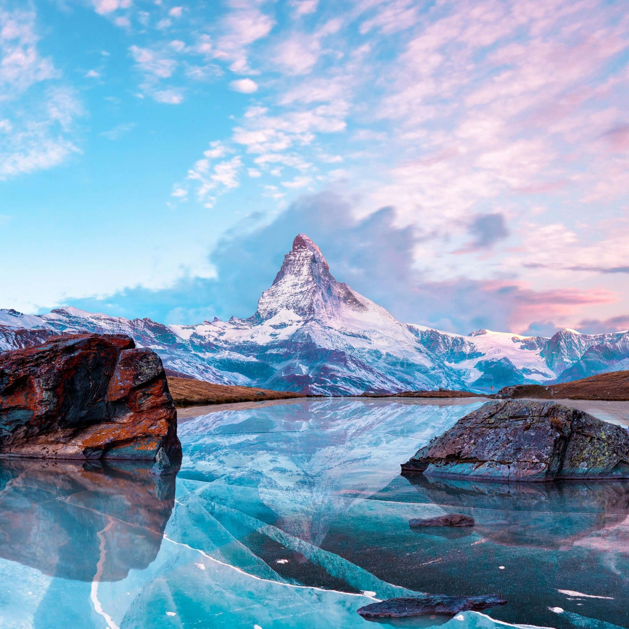 frozen lake, snow-capped mountain peak, glassy frozen lake, Full HD Desktop Wallpaper