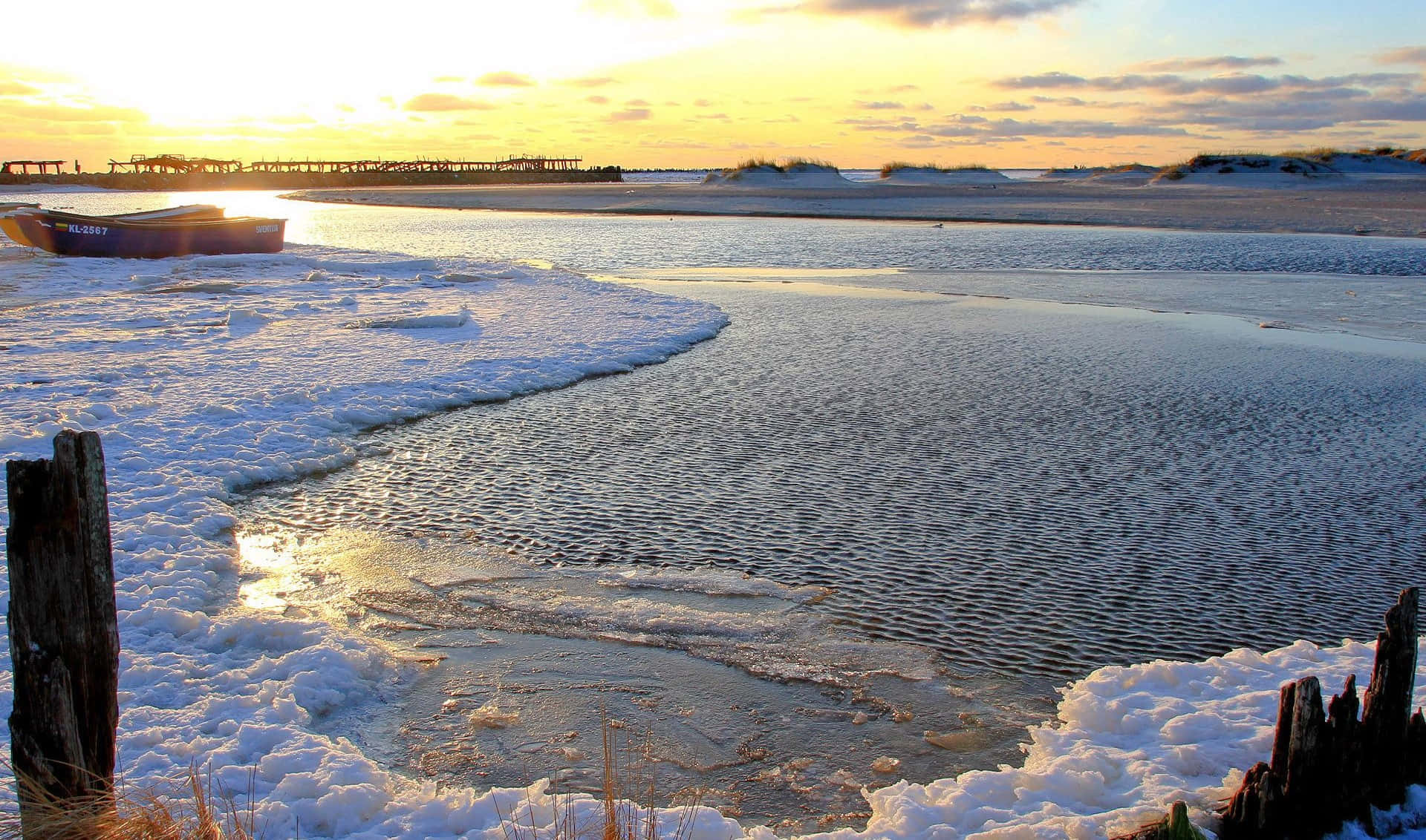 Frozen Lake, Sunset, icy waters, Full HD Desktop Wallpaper