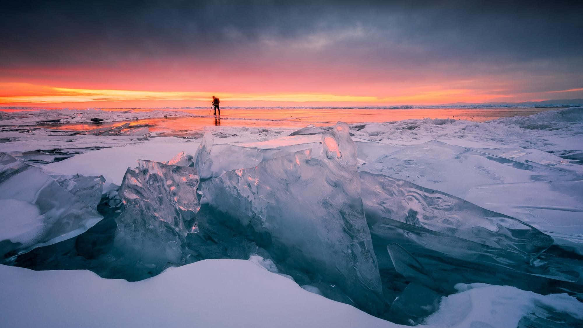 Frozen Lake, sunset, jagged ice formations, Full HD Desktop Wallpaper