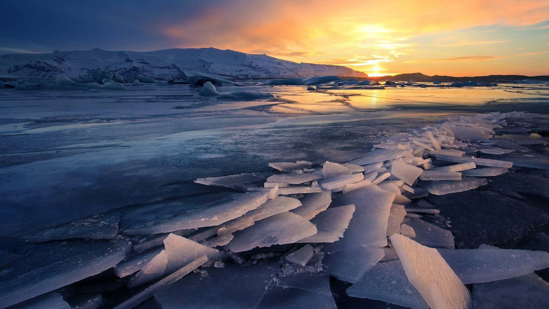Frozen Lake, Sunset, icy waters, Full HD Desktop Wallpaper