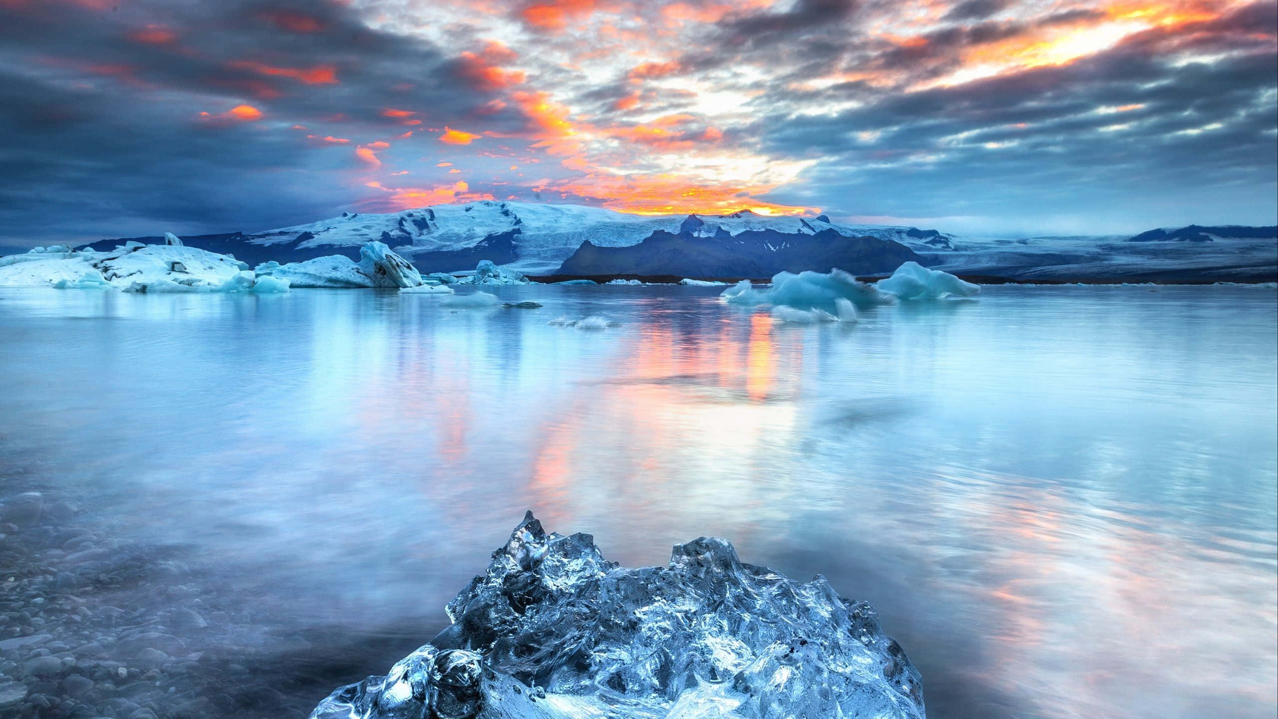 Frozen Lake, sunset, glacial lake, 2K Desktop Wallpaper