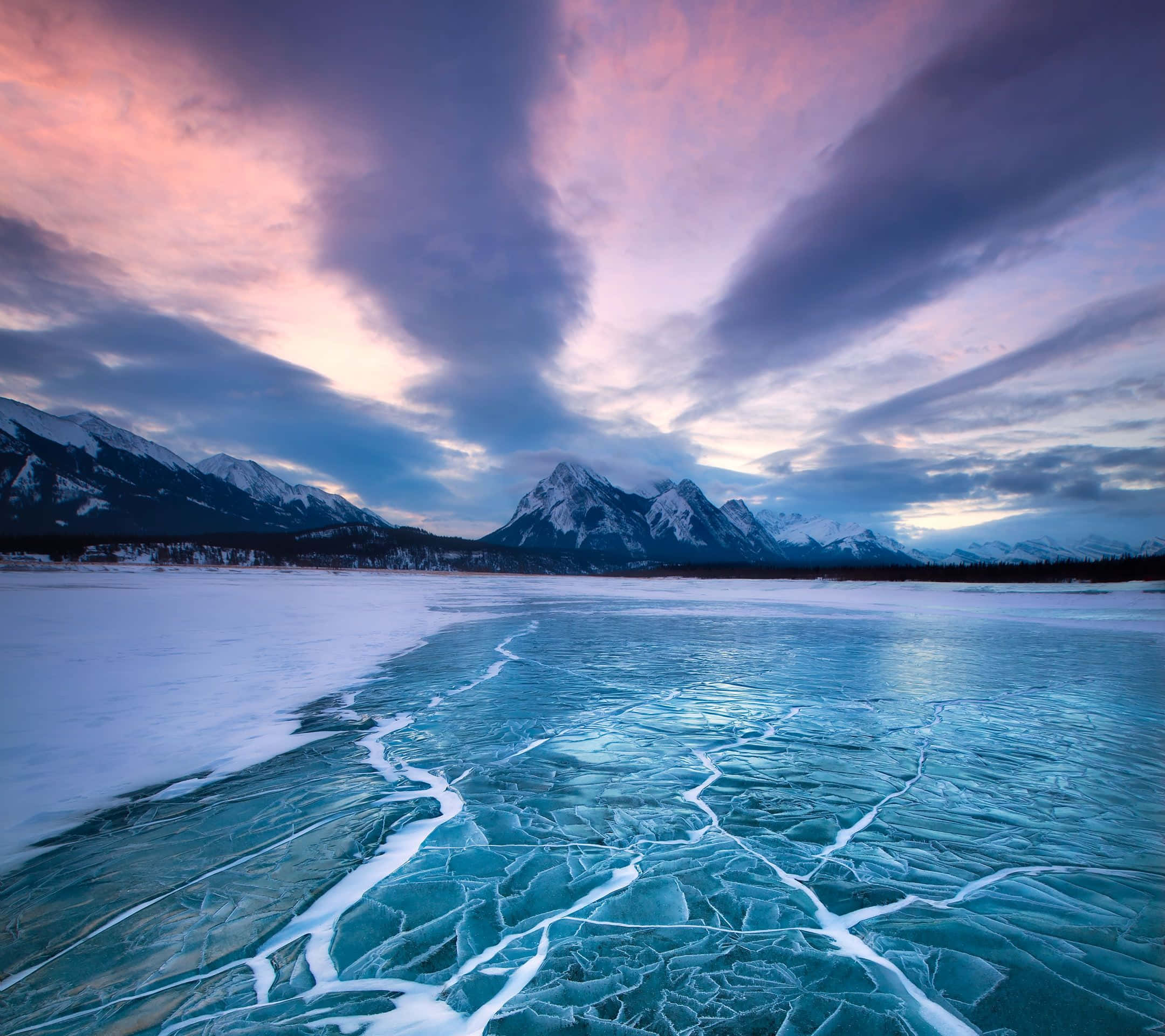 Frozen Lake, cracked blue ice, snow-covered mountains, Full HD Desktop Wallpaper