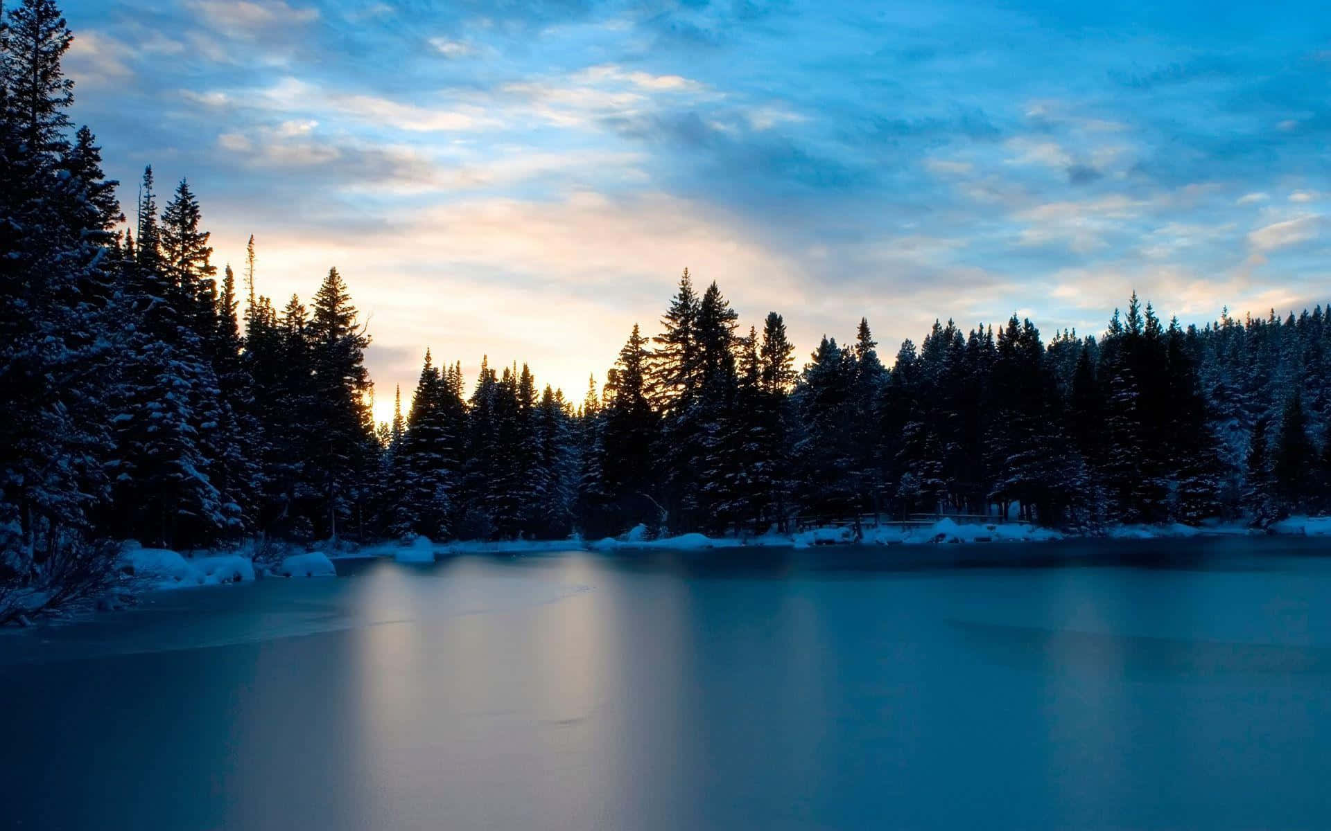 frozen lake, twilight, golden sunset, Full HD Desktop Wallpaper