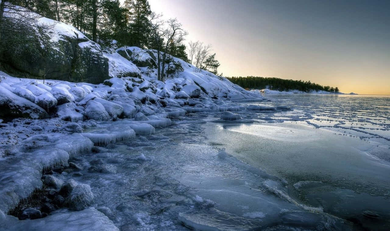 Frozen Lake, twilight sky, icy rocks, HD Desktop Wallpaper