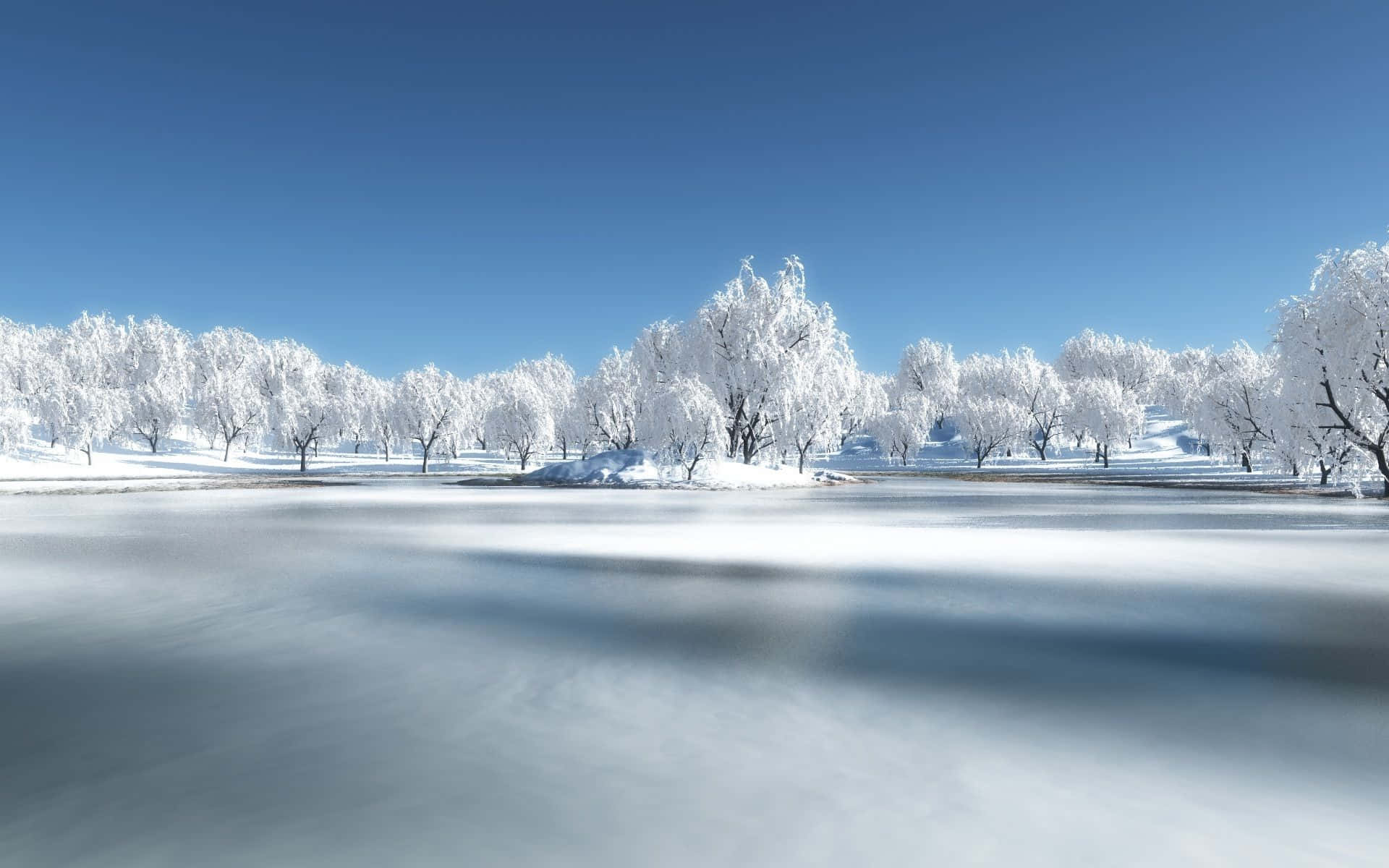 Frozen Lake, snow-covered trees, clear blue sky, Full HD Desktop Wallpaper