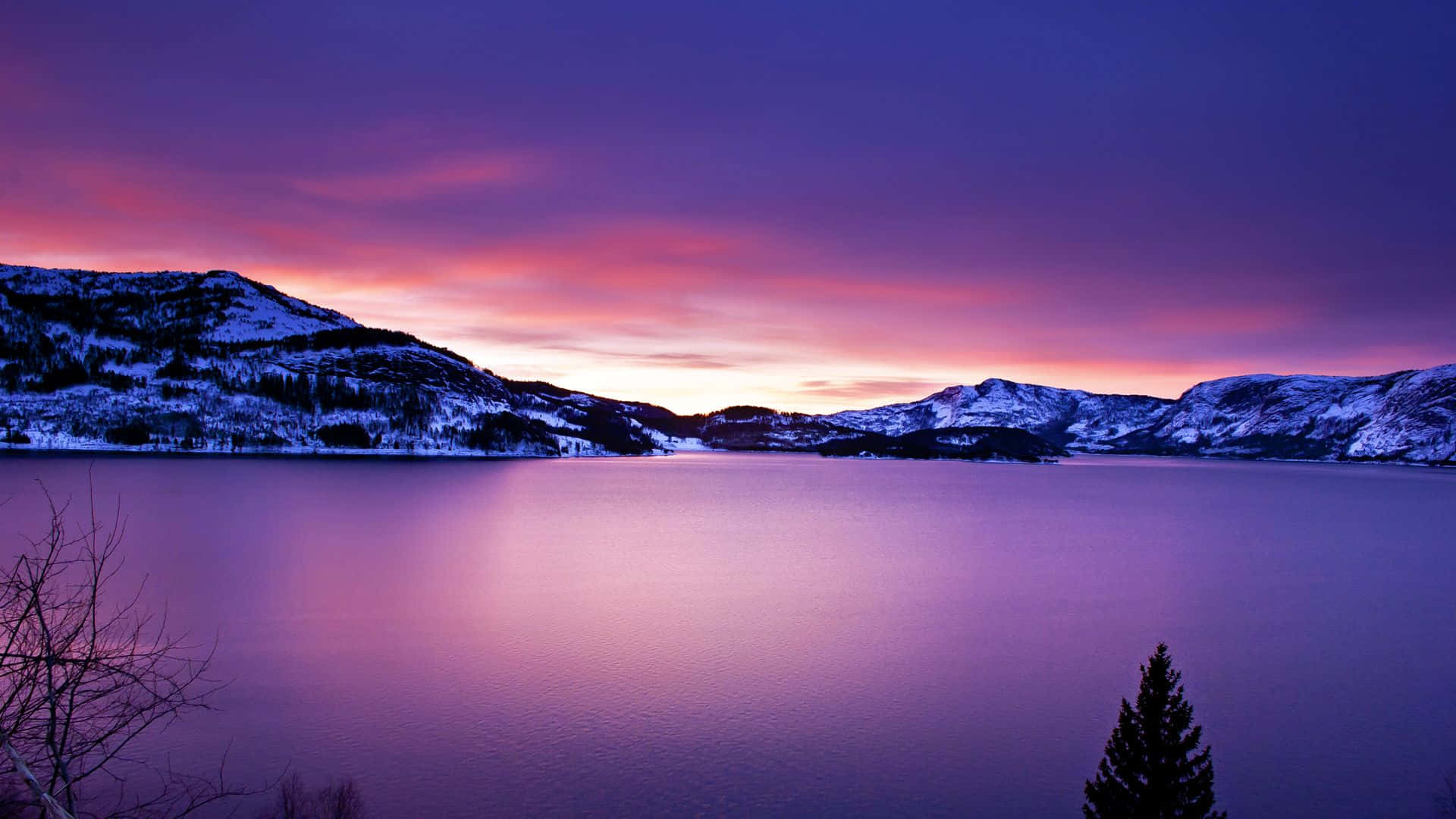 Frozen Lake, winter lake, vibrant purple and pink sunset sky, Full HD Desktop Wallpaper