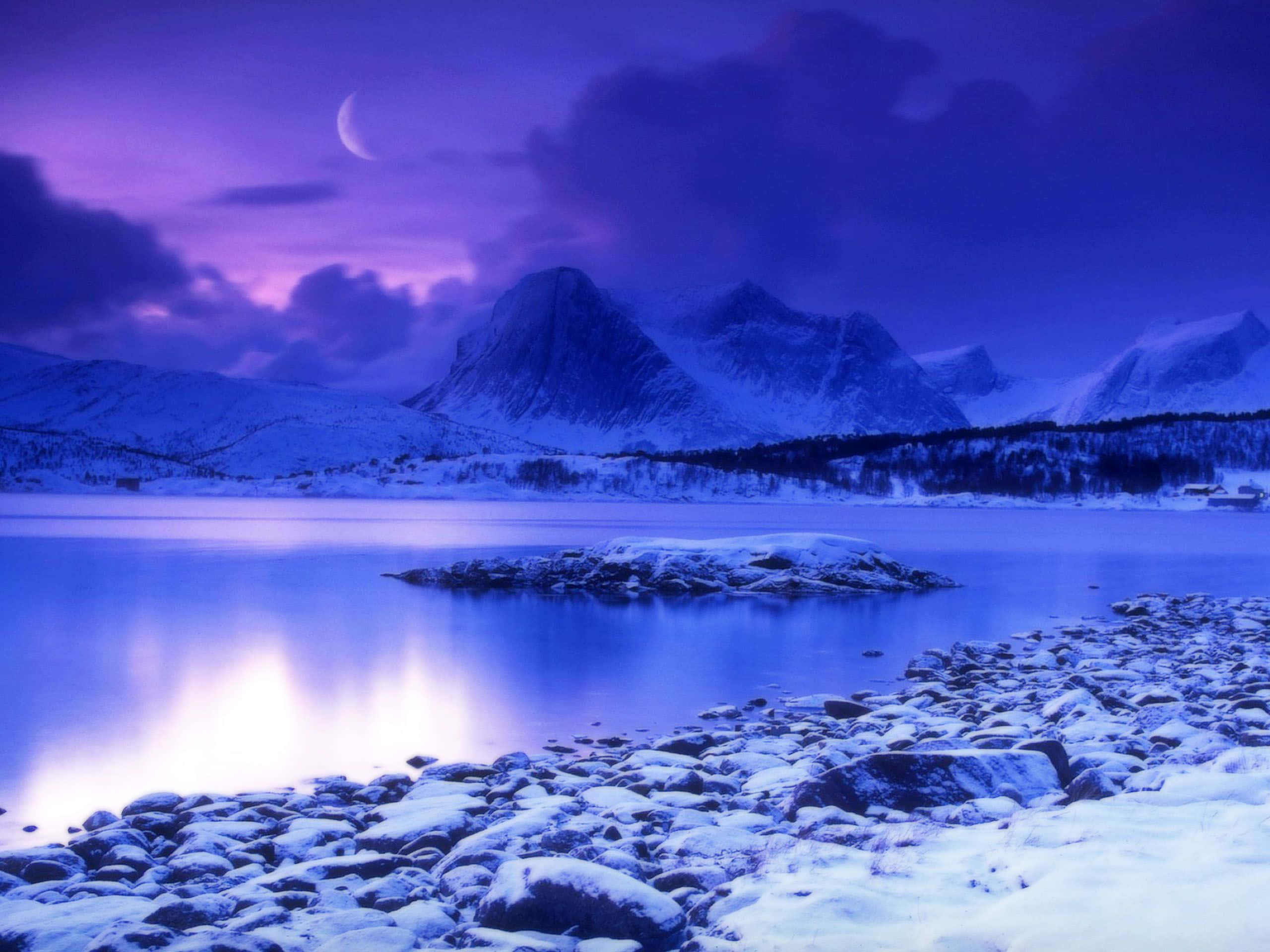 Frozen Lake, vibrant purple twilight sky, crescent moon, 2K Desktop Wallpaper