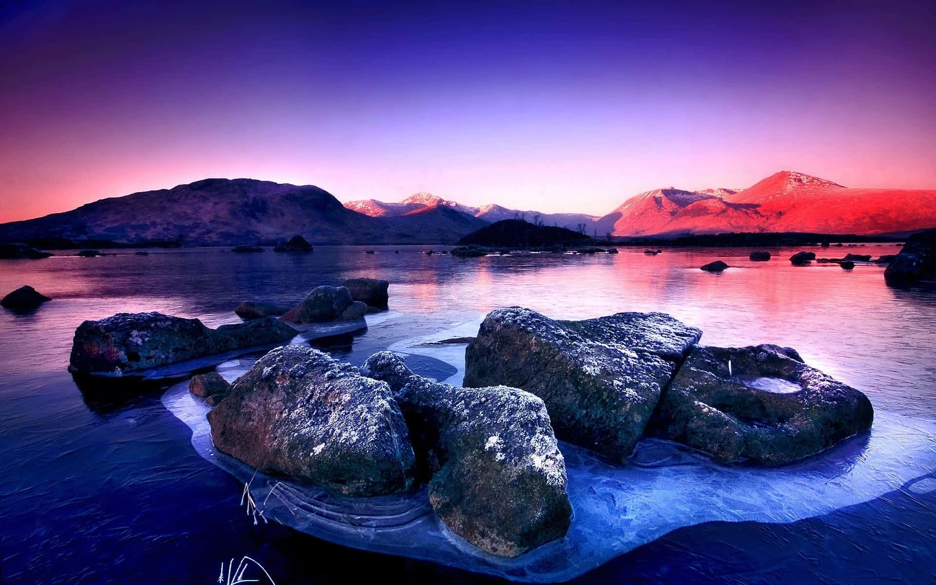 Frozen Lake, twilight, snow-capped mountains, Full HD Desktop Wallpaper