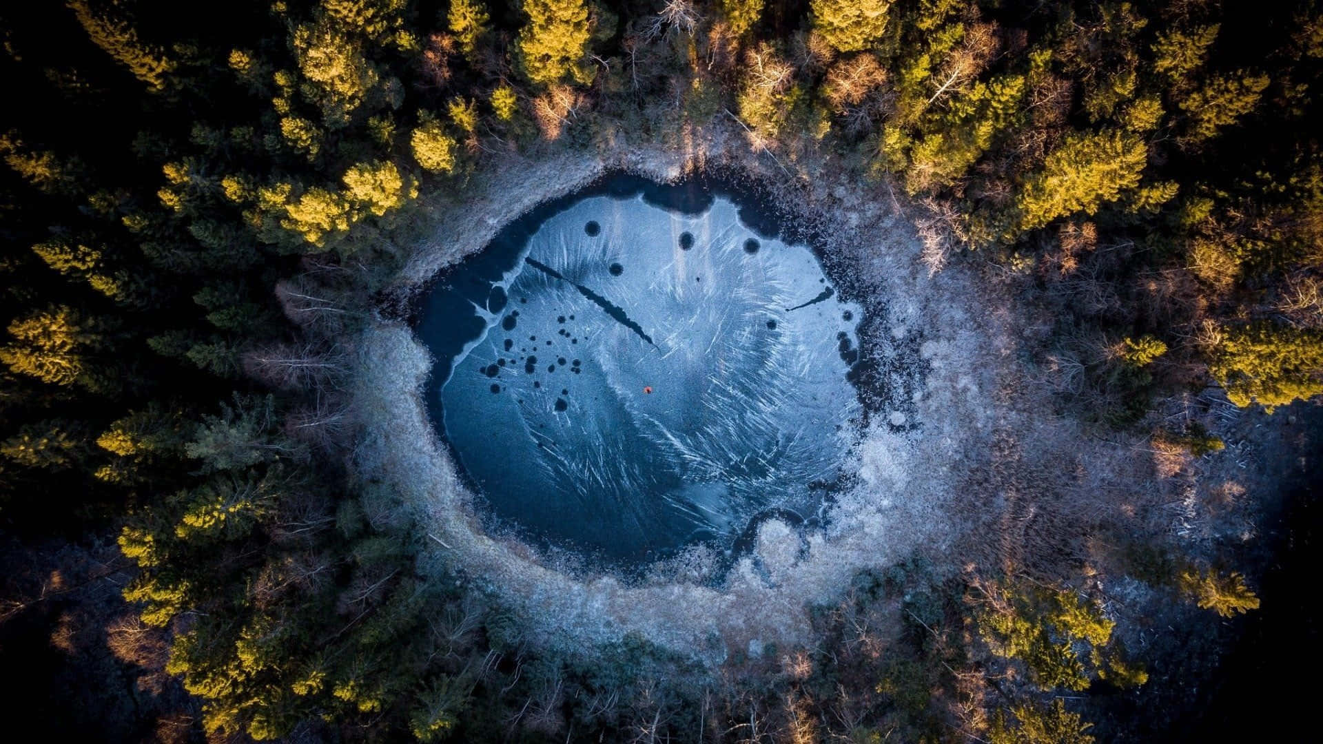 Frozen Lake, circular lake, snow-capped mountains, Full HD Desktop Wallpaper