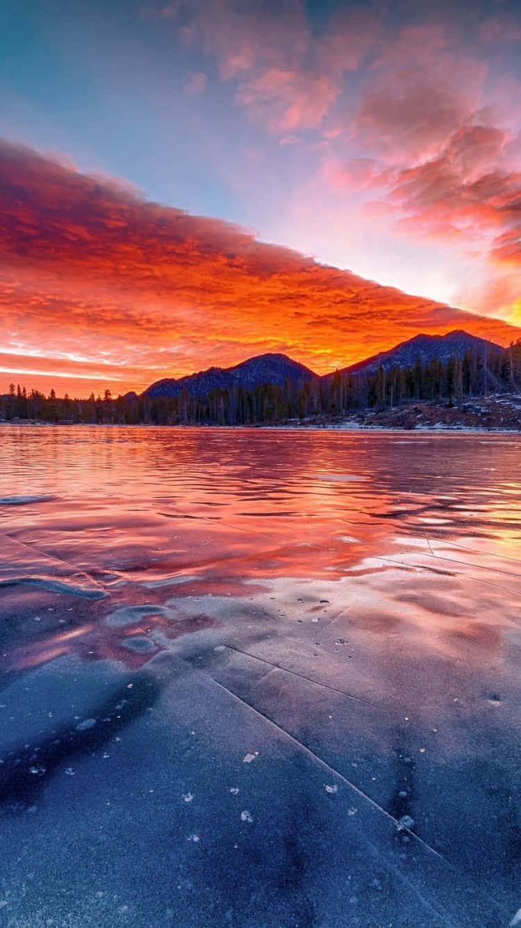 Frozen Lake, fiery sunset, distant mountains, HD Phone Wallpaper