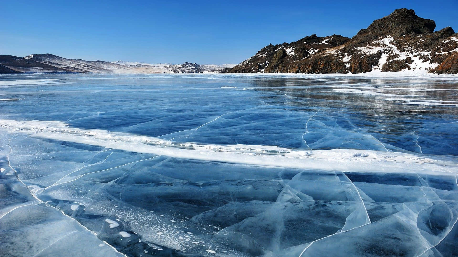 frozen lake, blue ice patterns, clear blue sky, Full HD Desktop Wallpaper