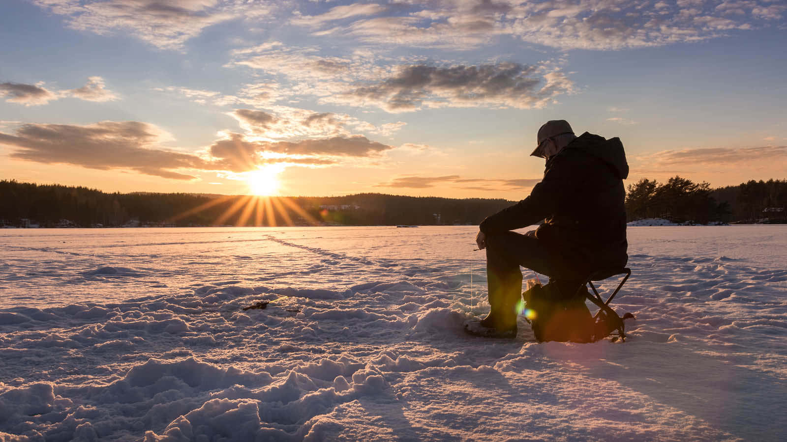 ice fishing, frozen lake, sunset, HD Desktop Wallpaper