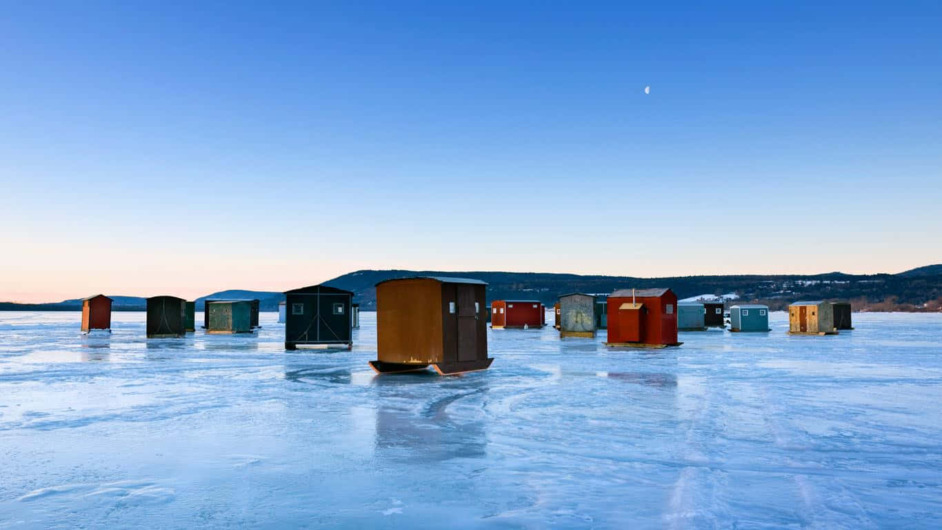 ice fishing huts, frozen lake, clear blue sky, HD Desktop Wallpaper