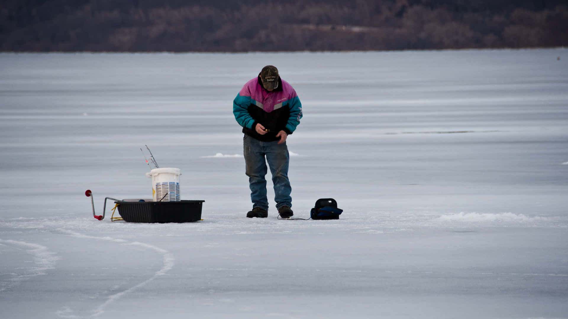 ice fishing, frozen lake, colorful jacket, Full HD Desktop Wallpaper