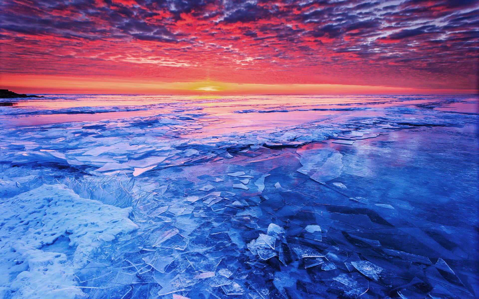 frozen lake, sunset, snowy mountains, Full HD Desktop Wallpaper