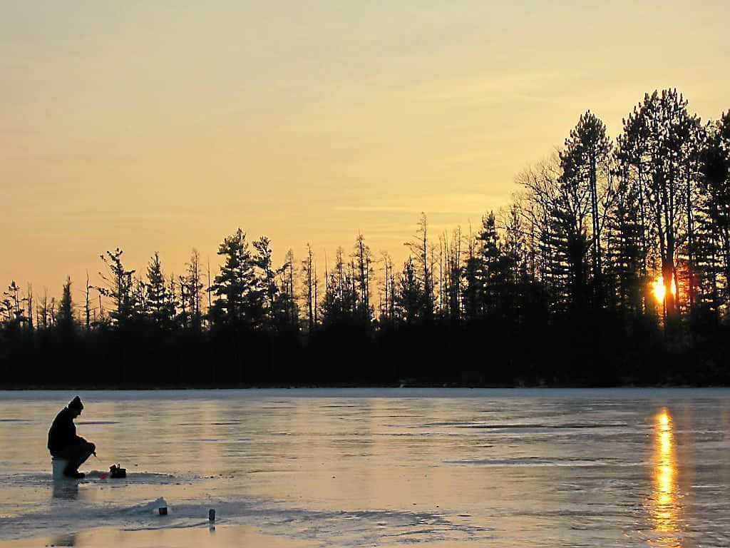 ice fishing, frozen lake, sunset, SD Desktop Wallpaper