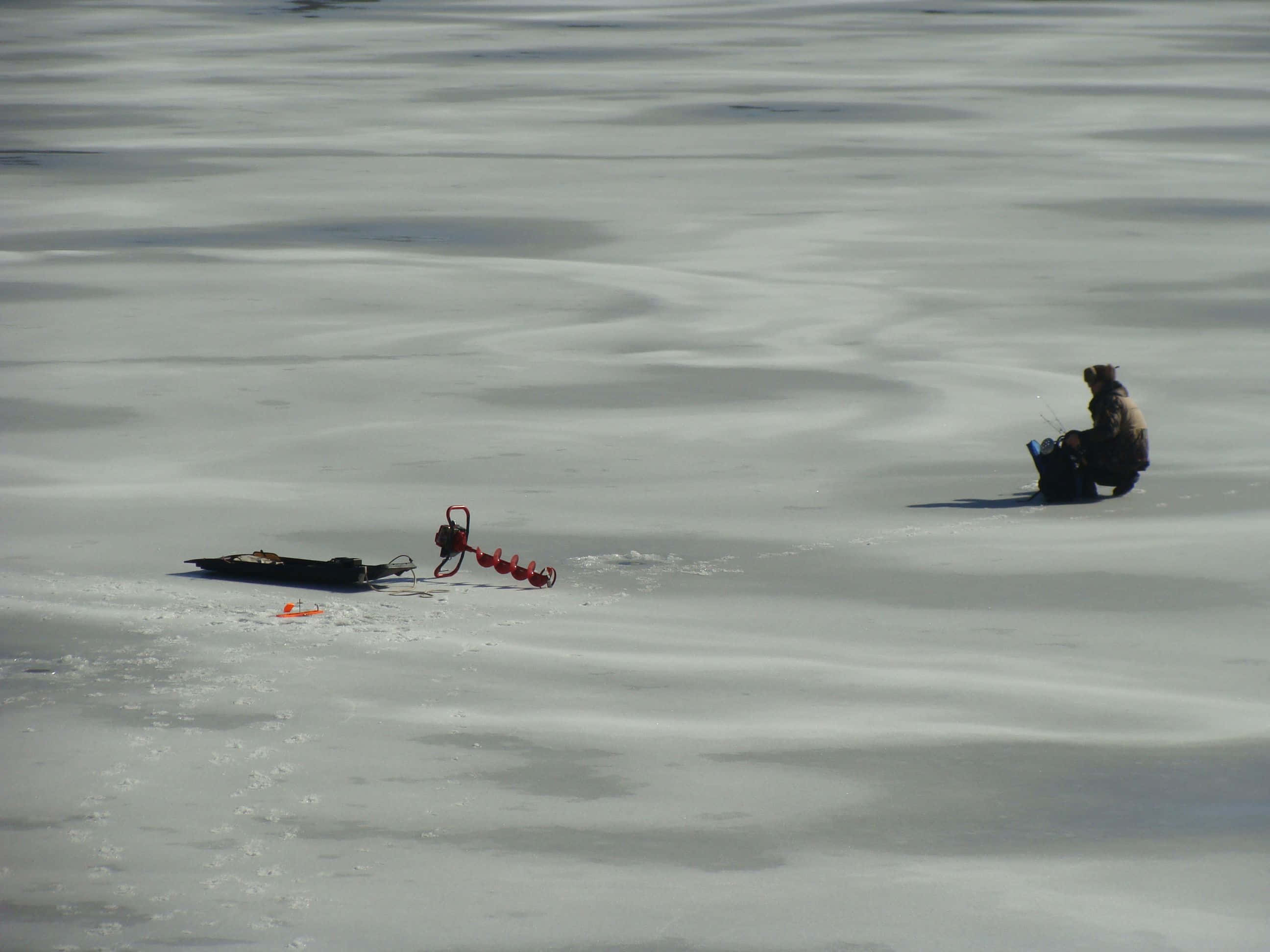 ice fishing, frozen lake, red auger, 2K Desktop Wallpaper