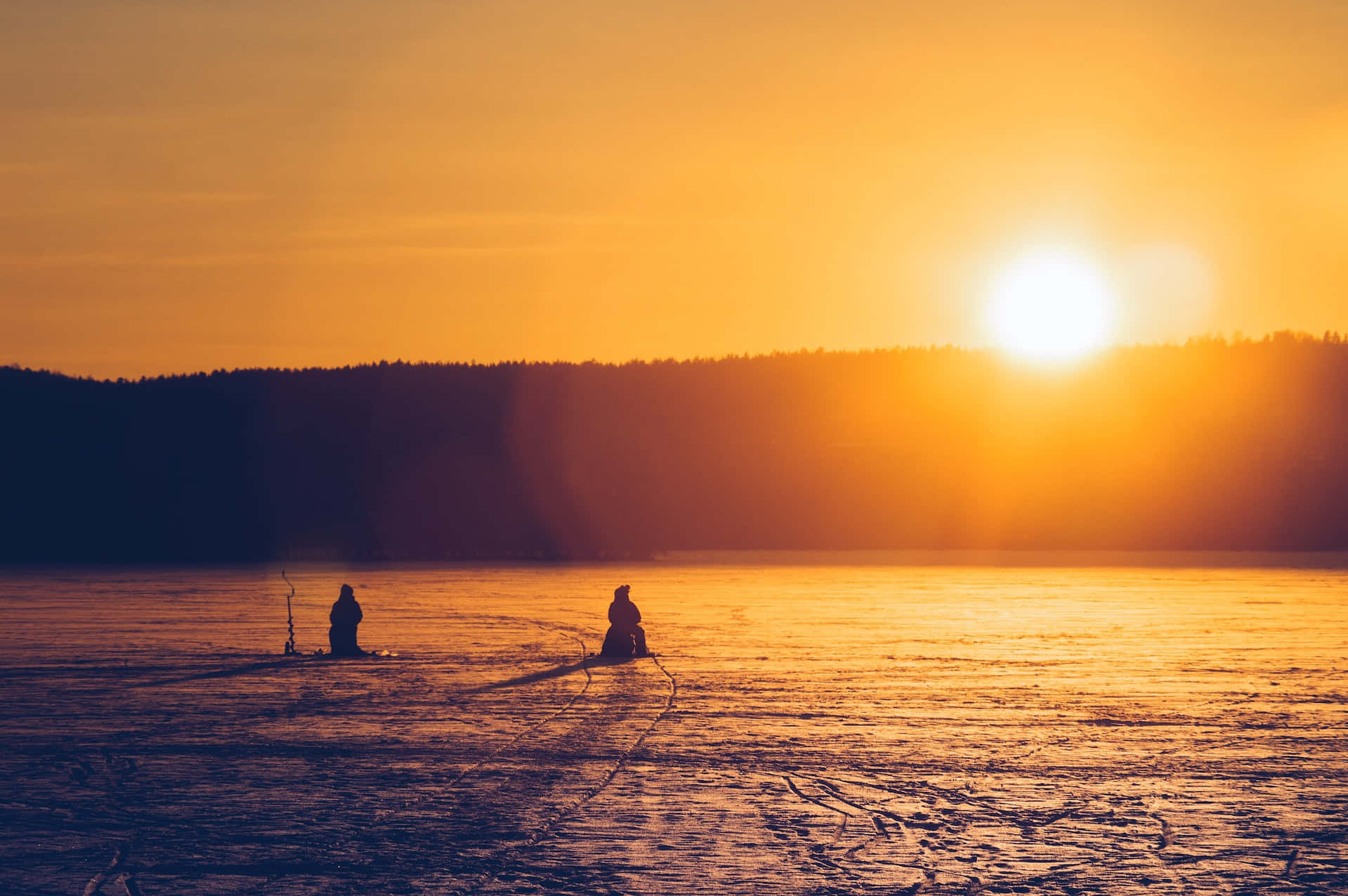 ice fishing, frozen lake, sunset, HD Desktop Wallpaper