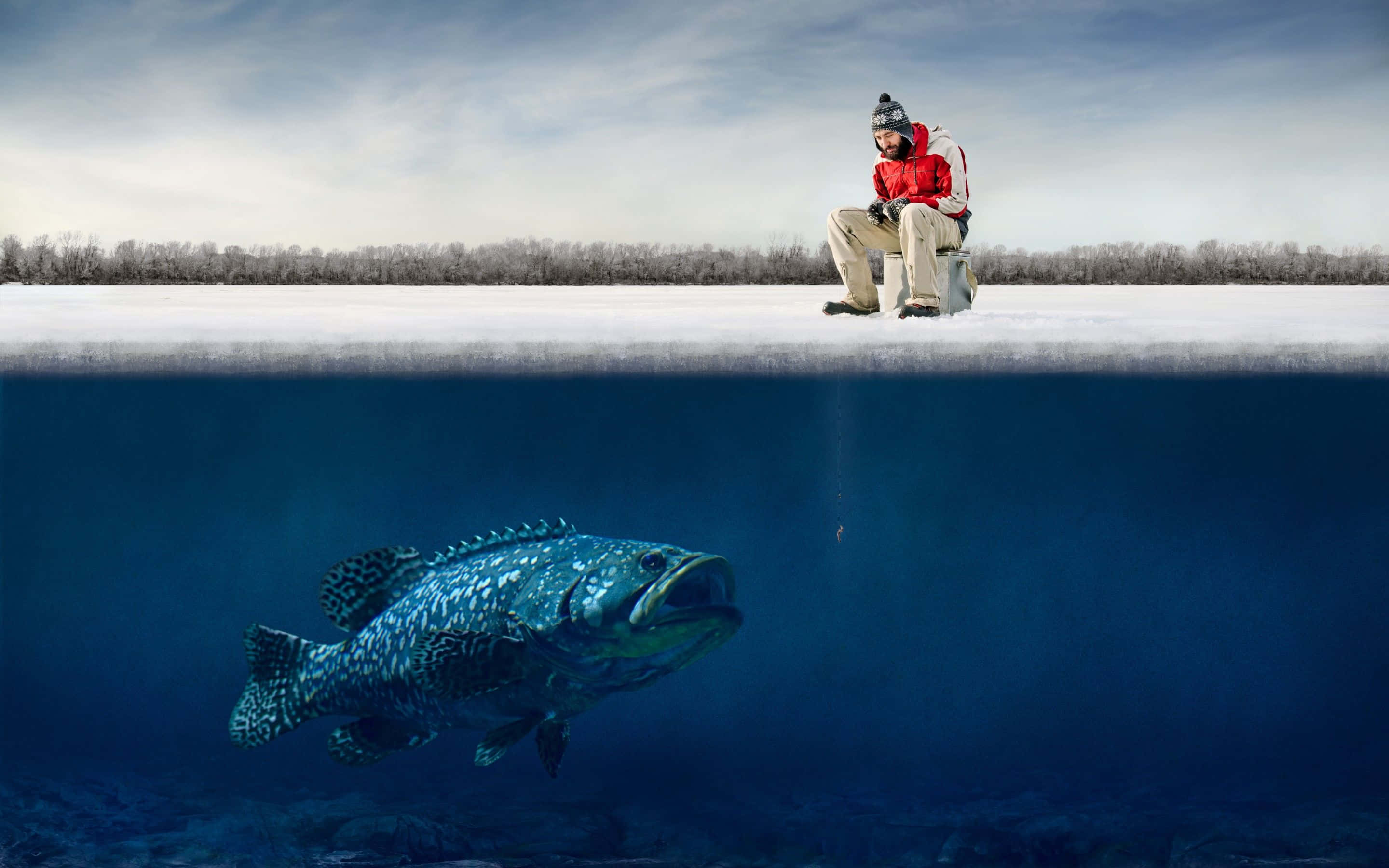 ice fishing, frozen ice, snowy landscape, 2K Desktop Wallpaper