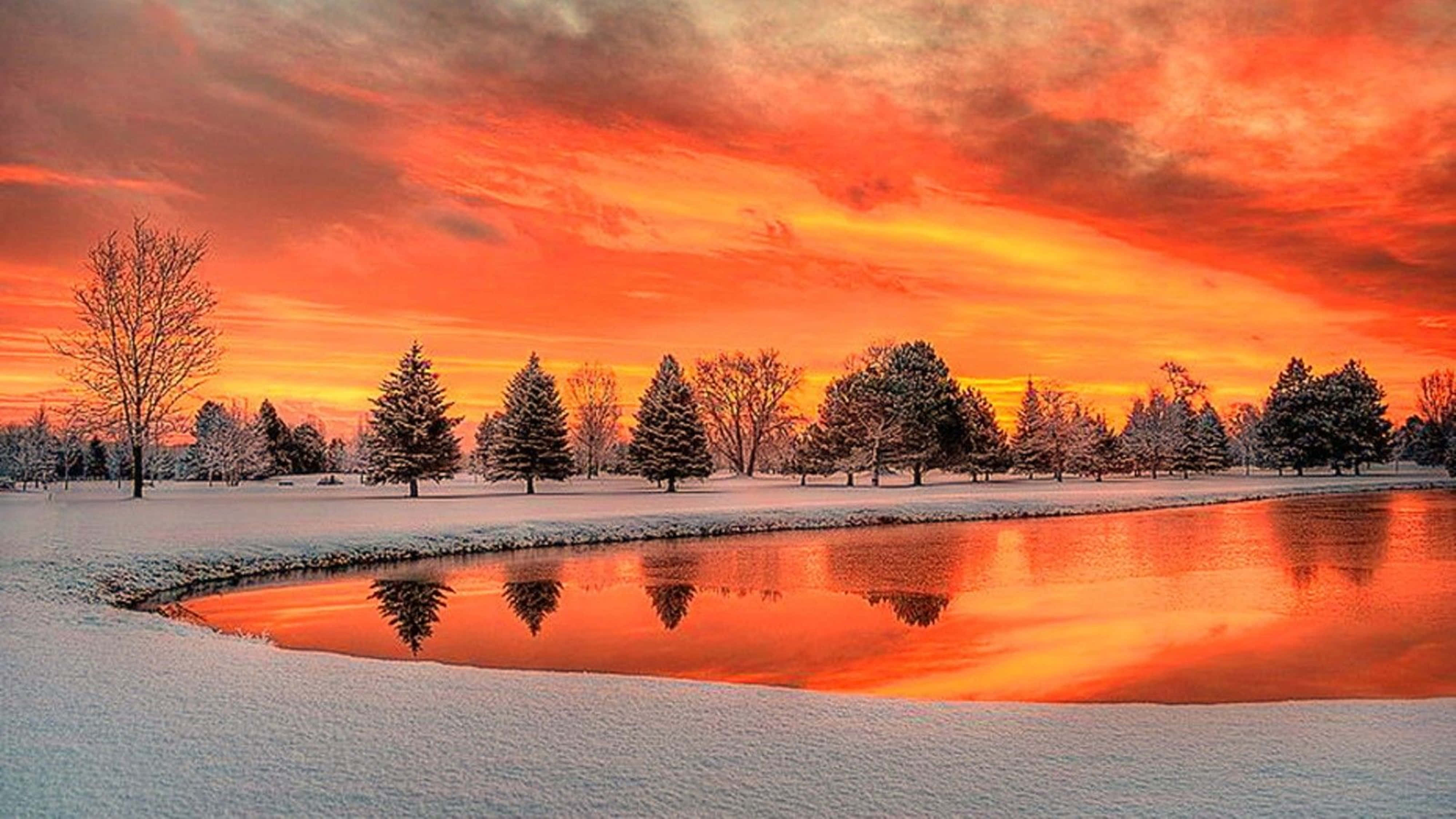Frozen Lake, Sunset, snow-covered pond, 4K Desktop Wallpaper